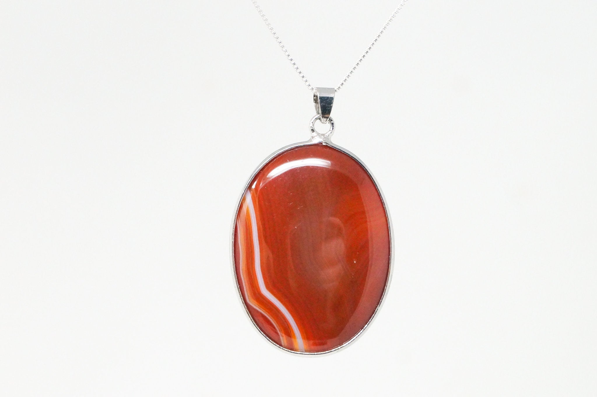 Vintage Large Red Lace Agate 18K White Gold Plated Sterling Silver Pendant