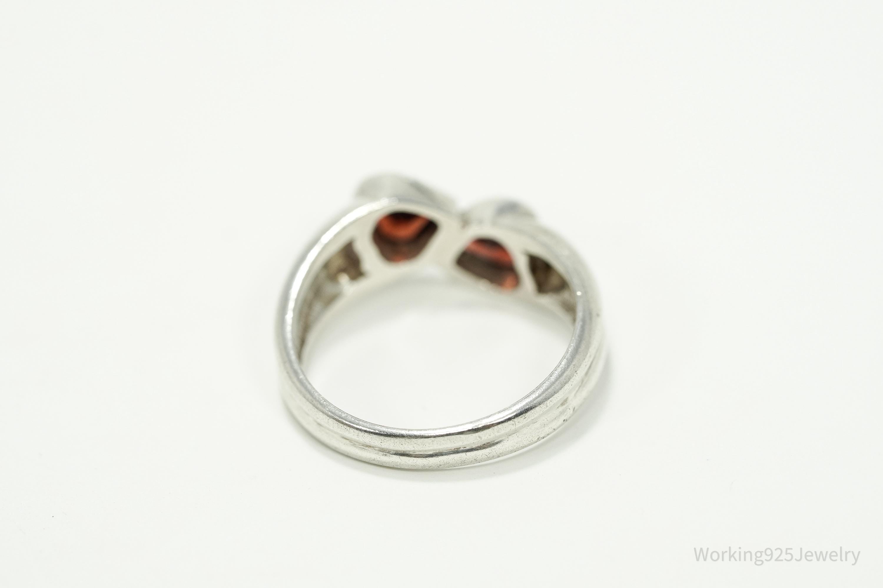 Vintage Garnet Hearts Sterling Silver Ring - Size 7.25