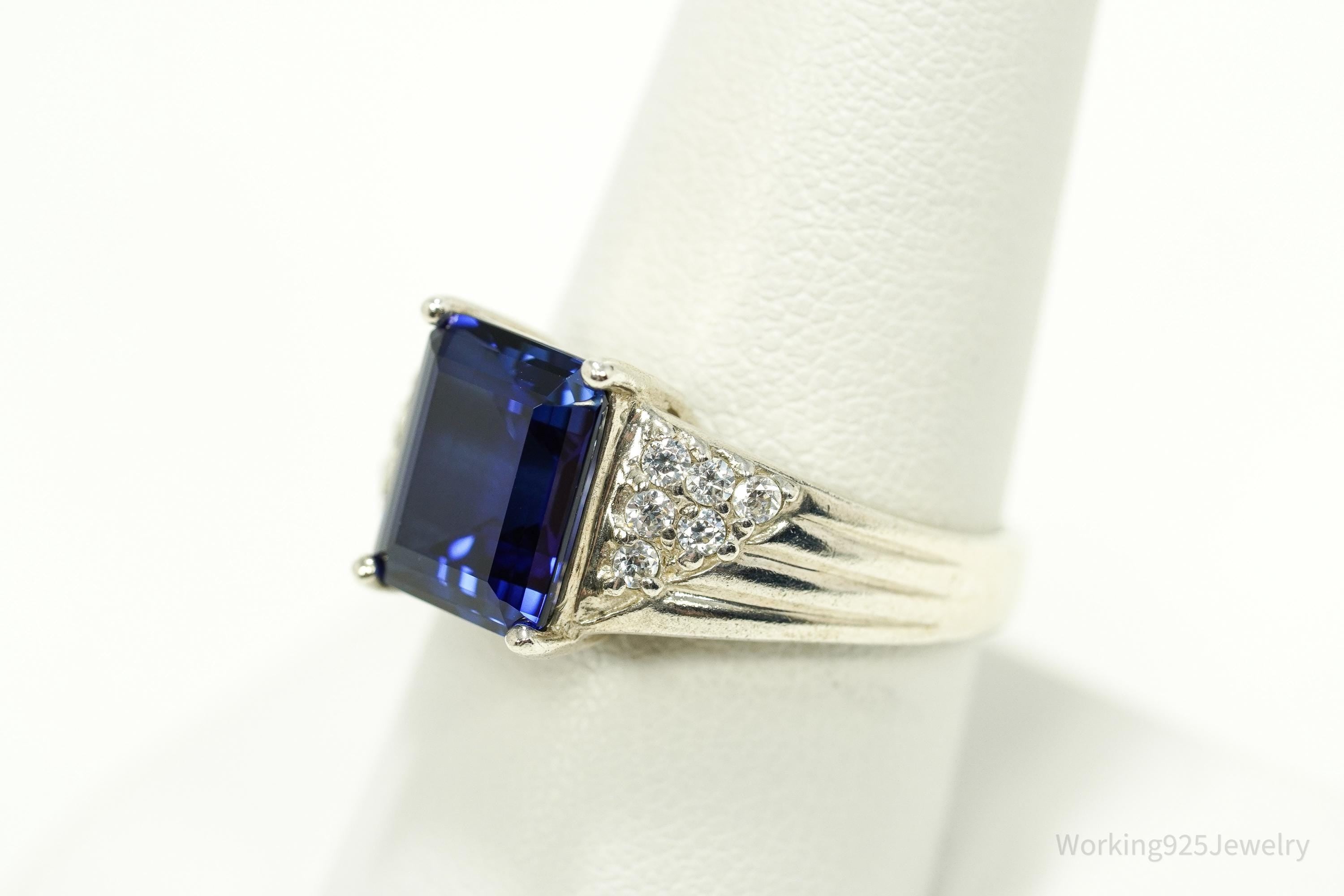 Vintage Lab Sapphire & Cubic Zirconia Sterling Silver Ring - Size 8.75