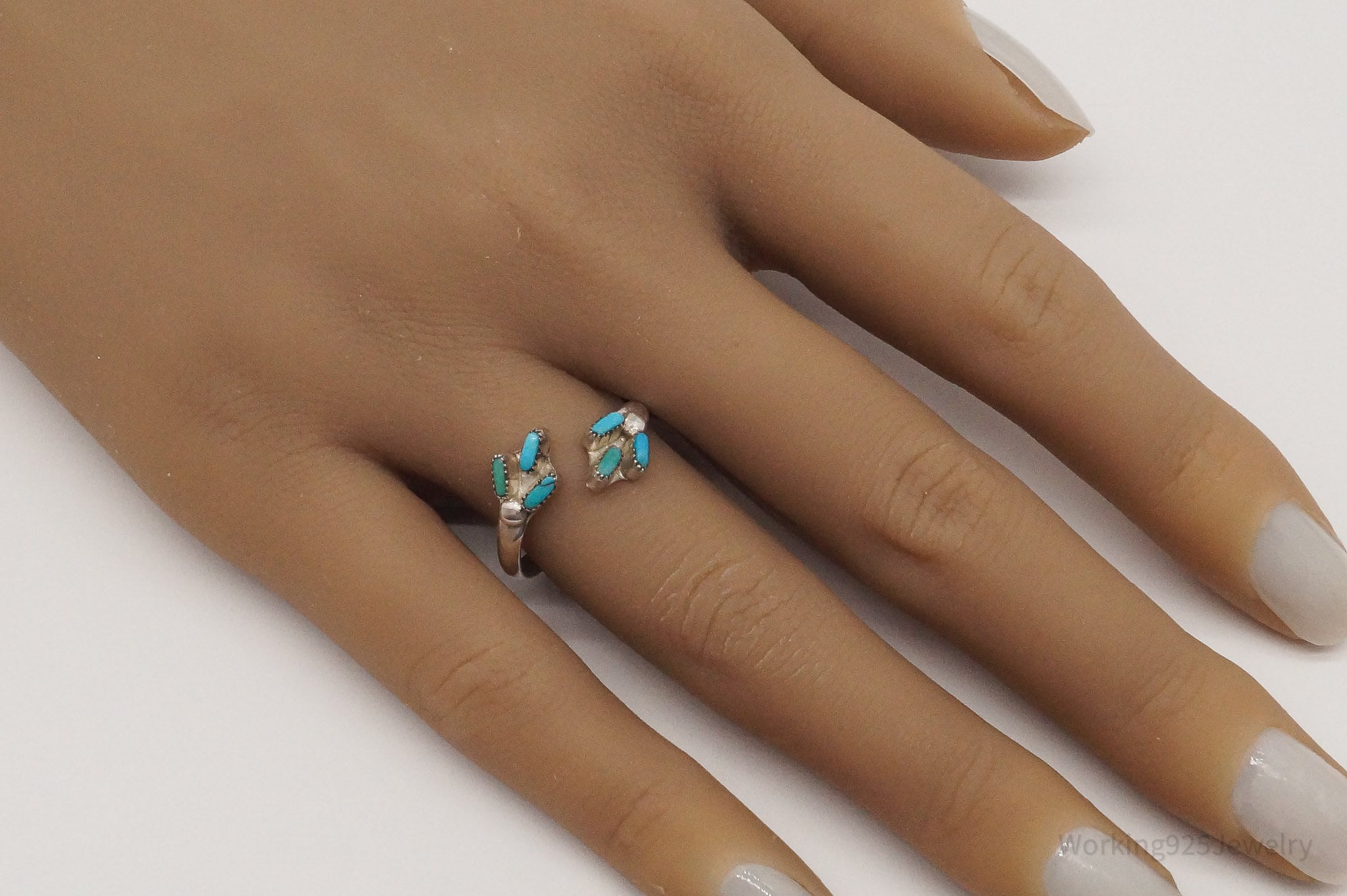 Vintage Native American Needle Point Turquoise Silver Ring SZ 7.5 Adjustable