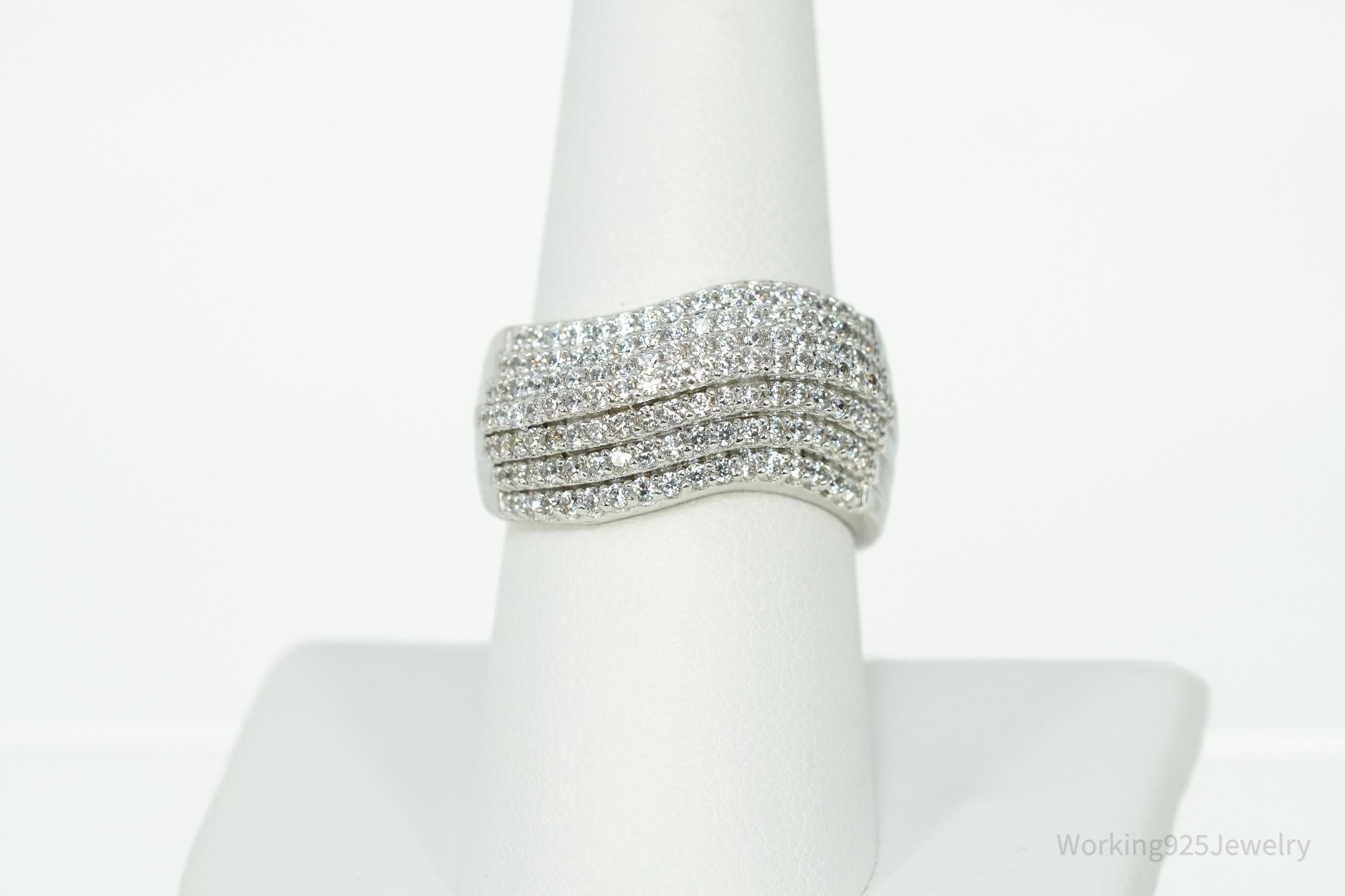 SUZY LEVIAN Pave Cubic Zirconia Sterling Silver Wavy Crossing Ring Size 8