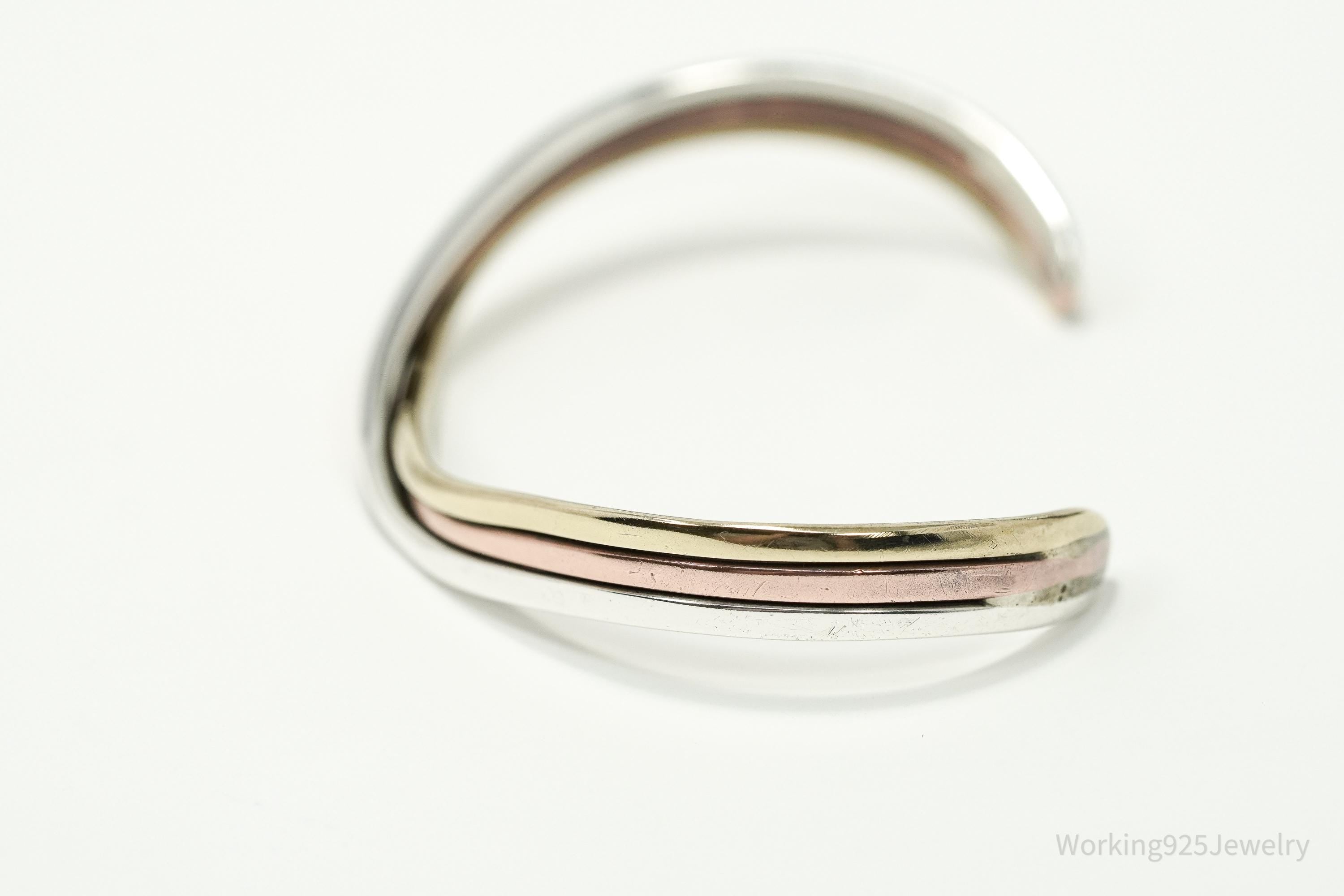 Vintage Three Metal Twist Sterling Silver Copper Brass Cuff Bracelet 6 3/8"