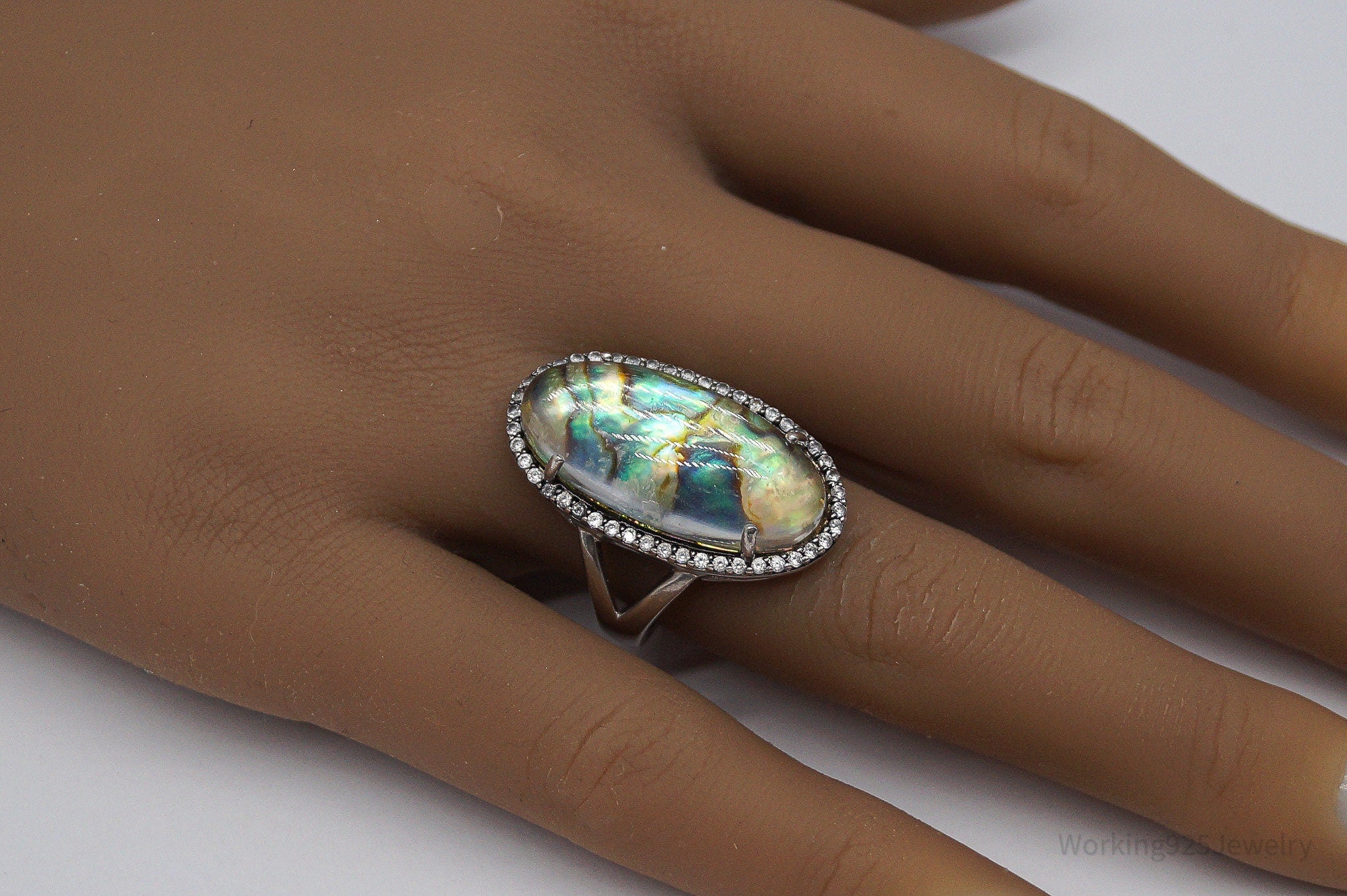 Vintage Paua Abalone Shell White Topaz Sterling Silver Ring - Size 8