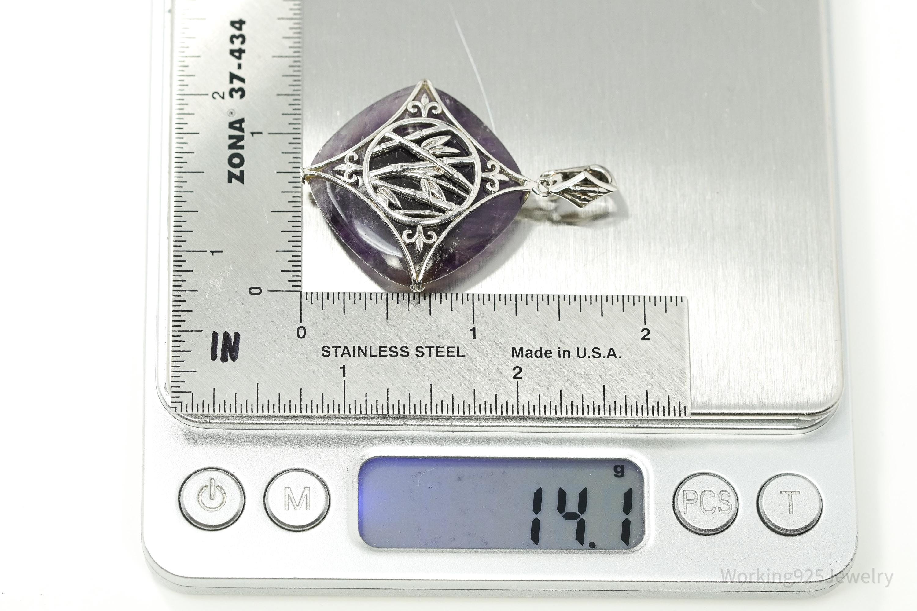 Vintage Large Purple Amethyst Sterling Silver Necklace Pendant 1 13/16"