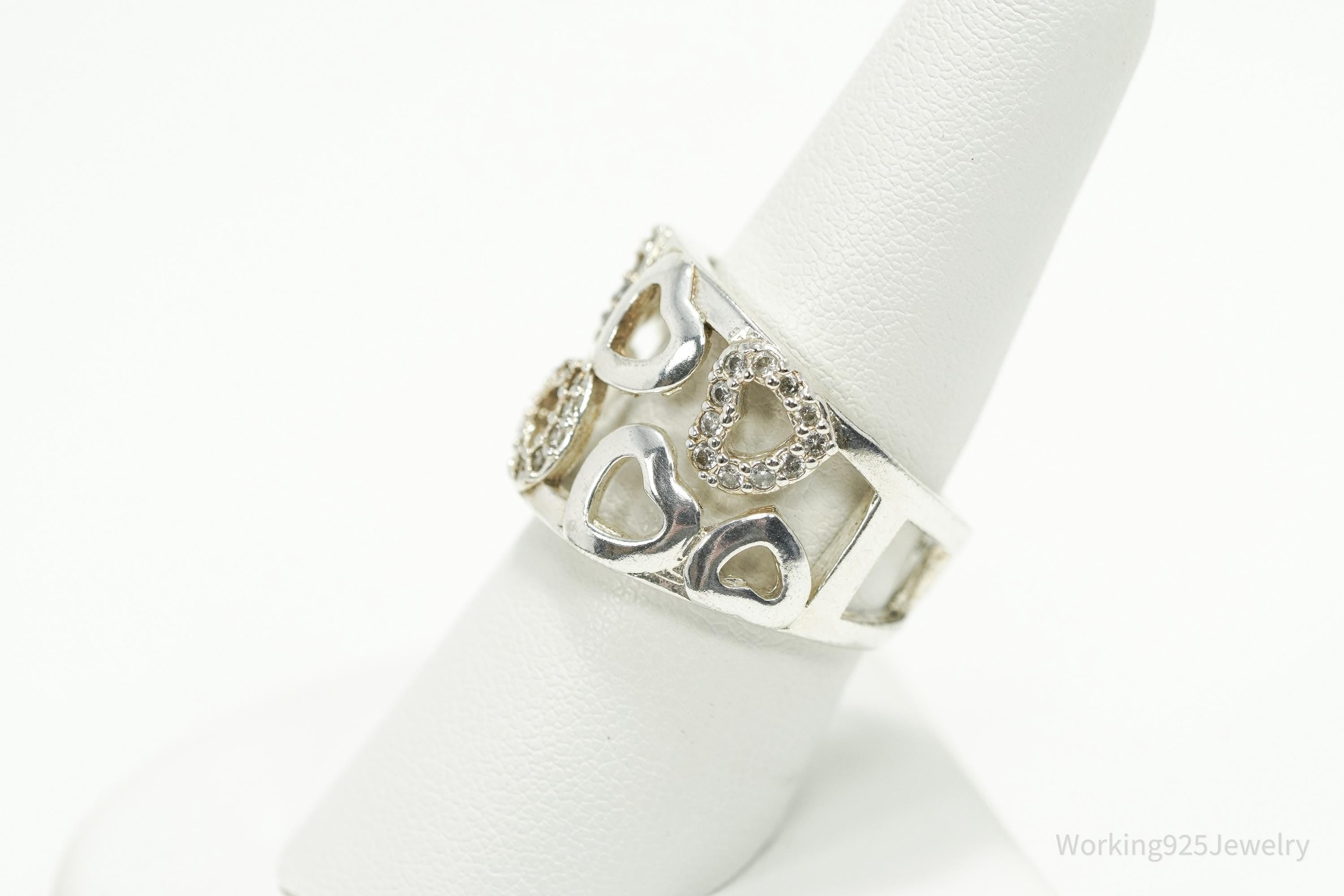 Vintage Cubic Zirconia Hearts Sterling Silver Ring - Size 8.5