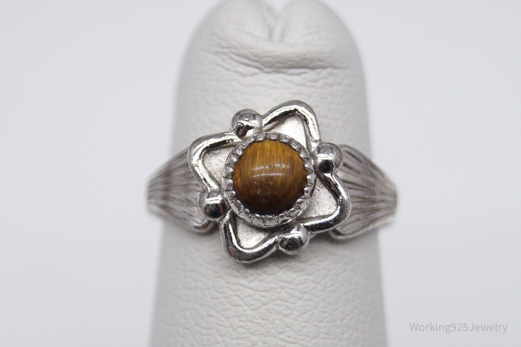 Vintage Native American Signed JP Tigers Eye Sterling Silver Ring - Size 2.75