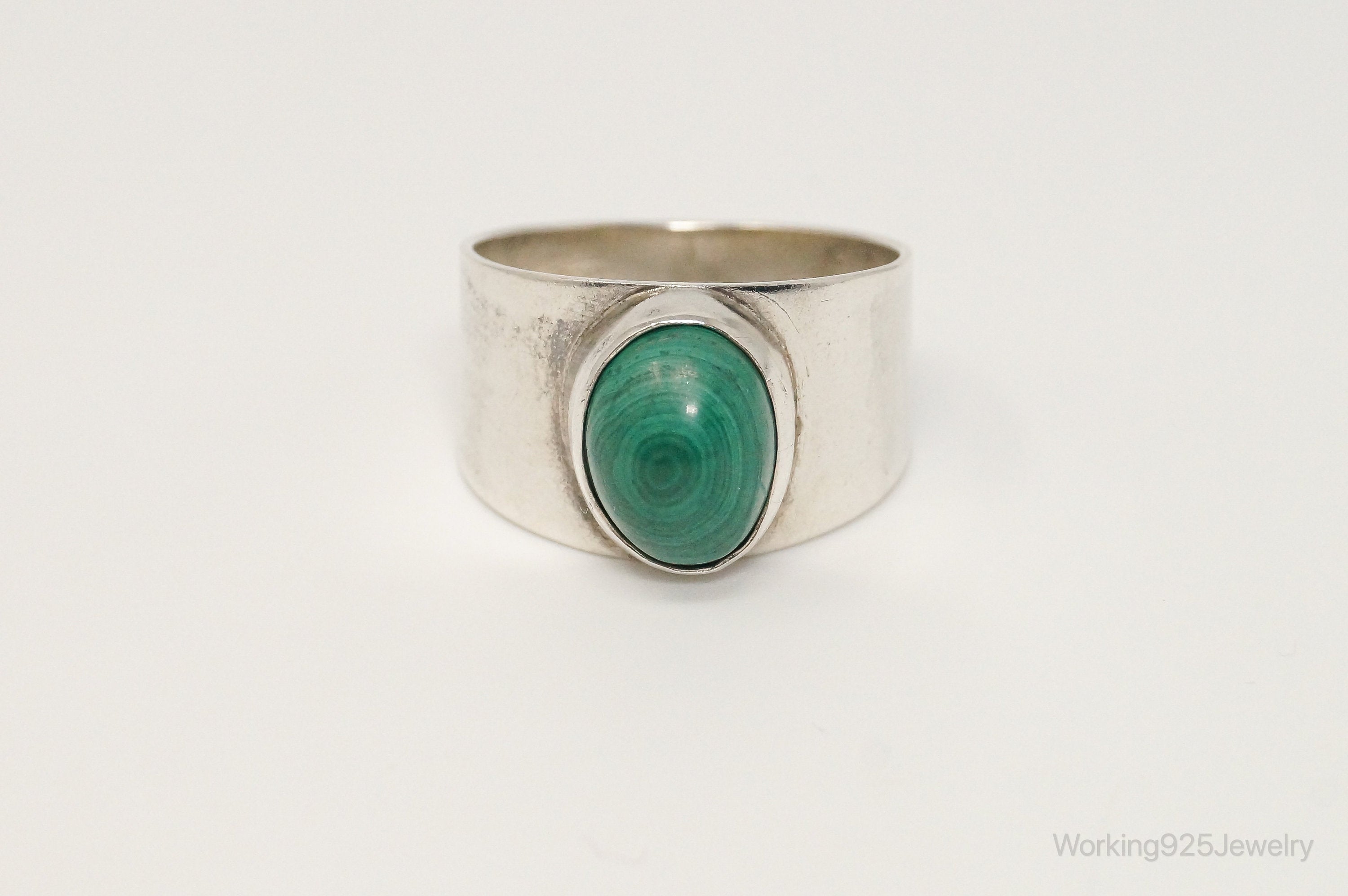 Vintage Native American Malachite Unsigned Sterling Silver Ring - Sz 12.75