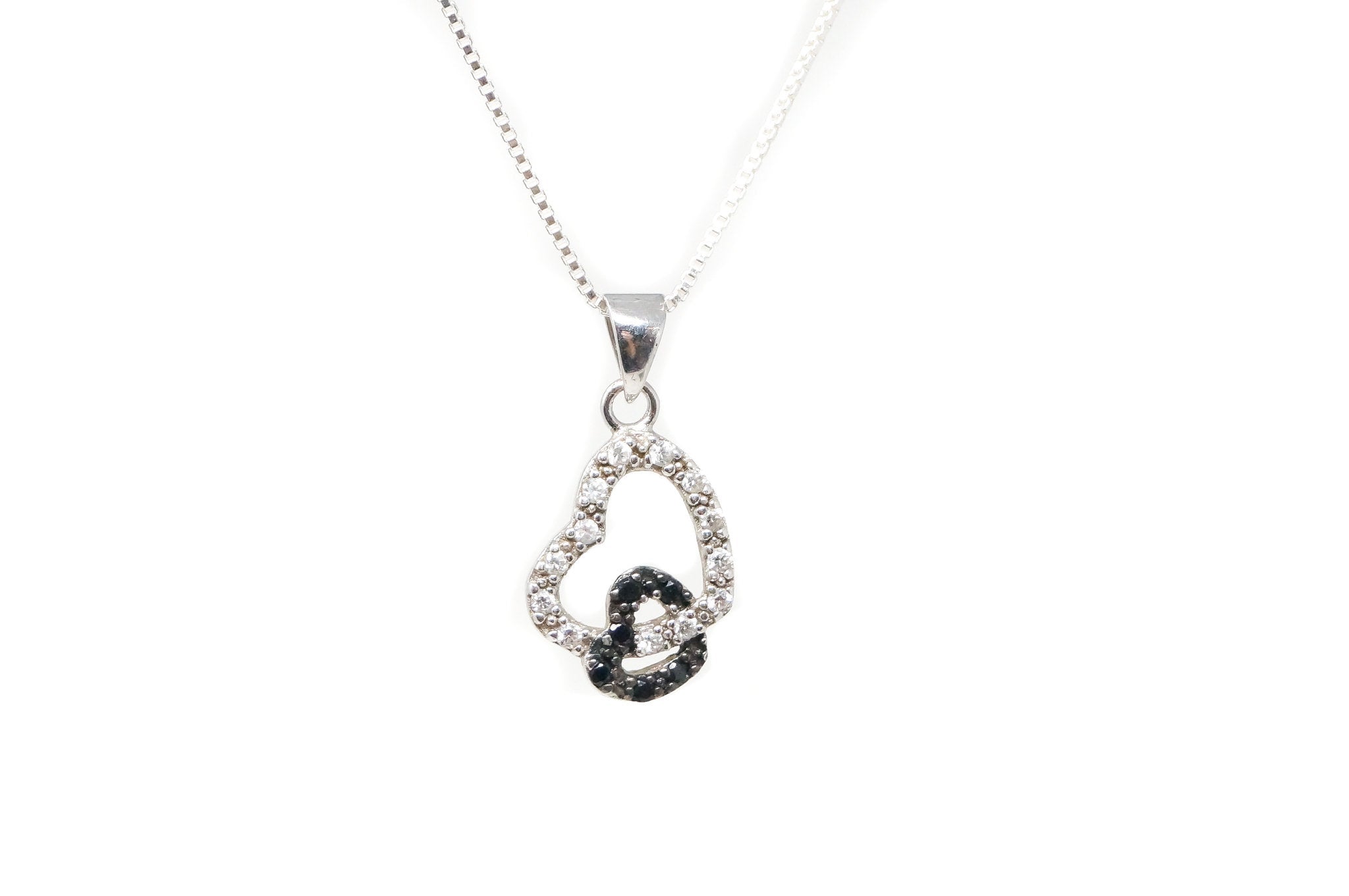 Vintage Open Heart CZ Black Onyx Accented Sterling Silver Necklace Pendant