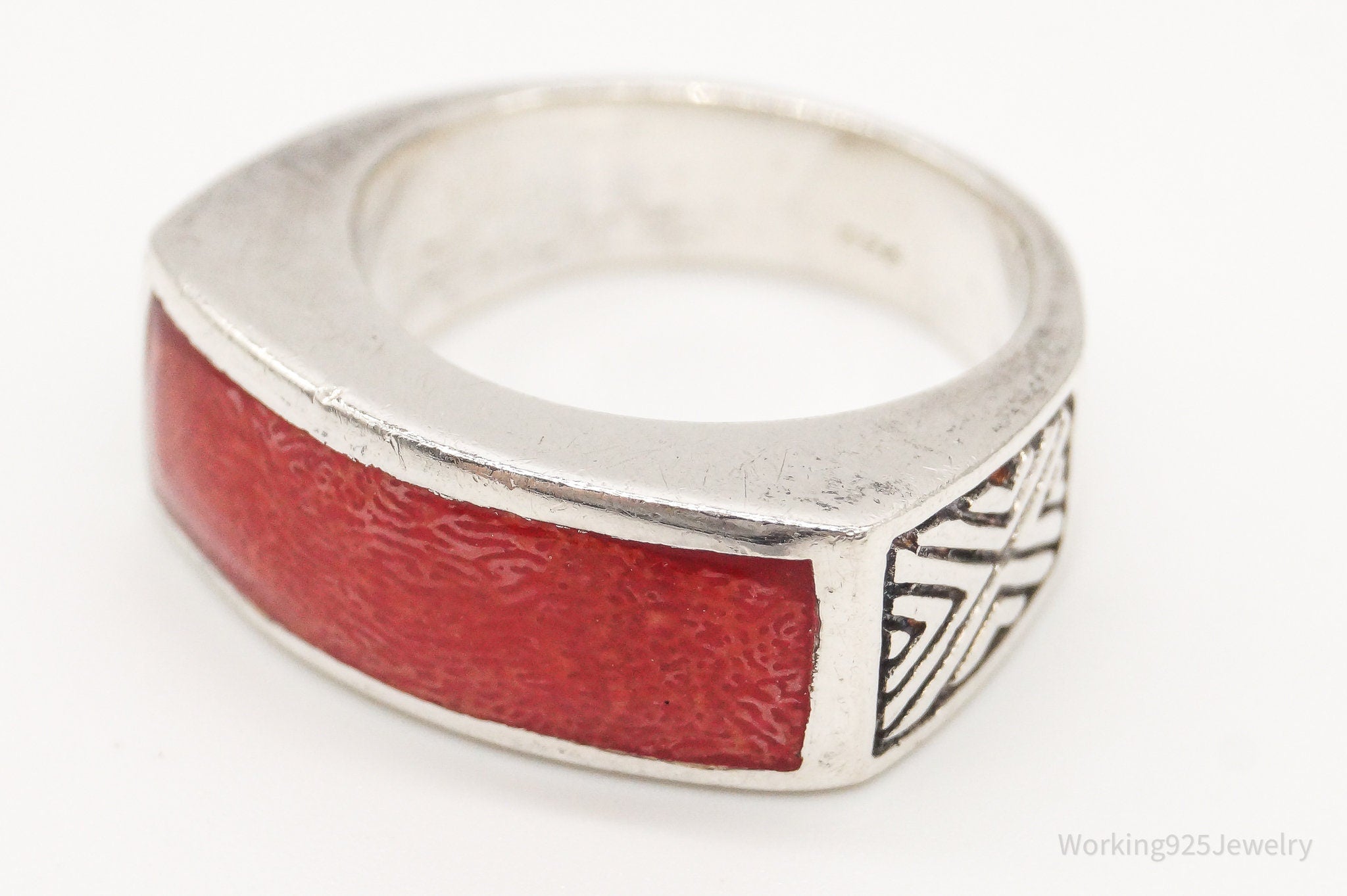 Vintage Red Resin Sterling Silver Ring - Size 5.75