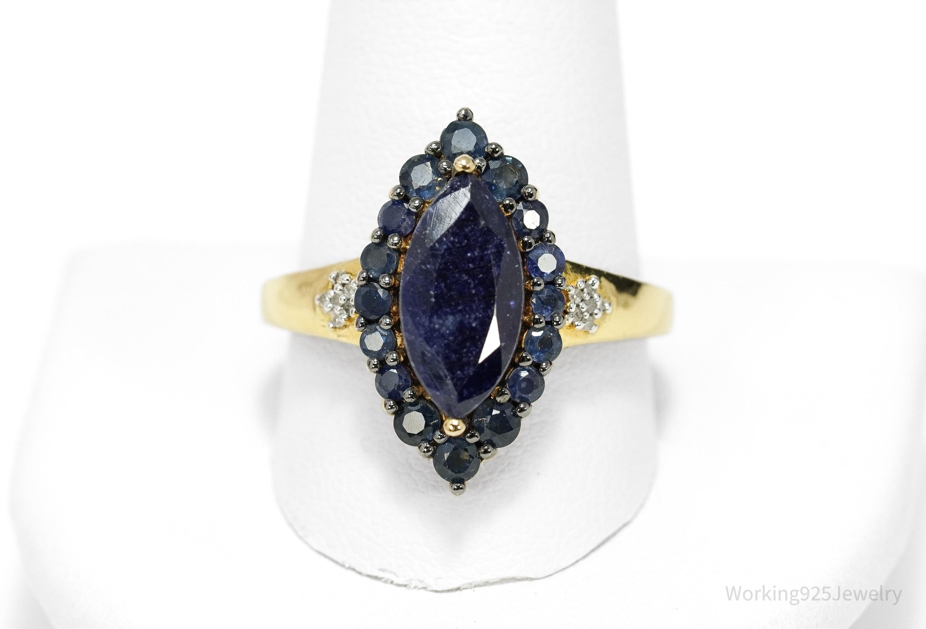 Vintage 70s Sapphire & Diamond Marquise Gold Over Sterling Cocktail Ring Sz 12