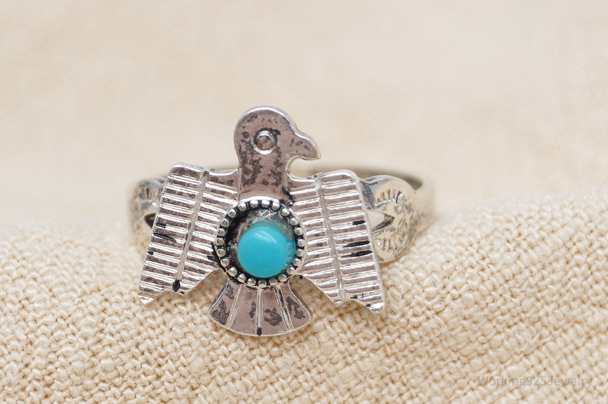 Vintage Native American Style Turquoise Thunderbird Sterling Silver Ring - Size 6.25