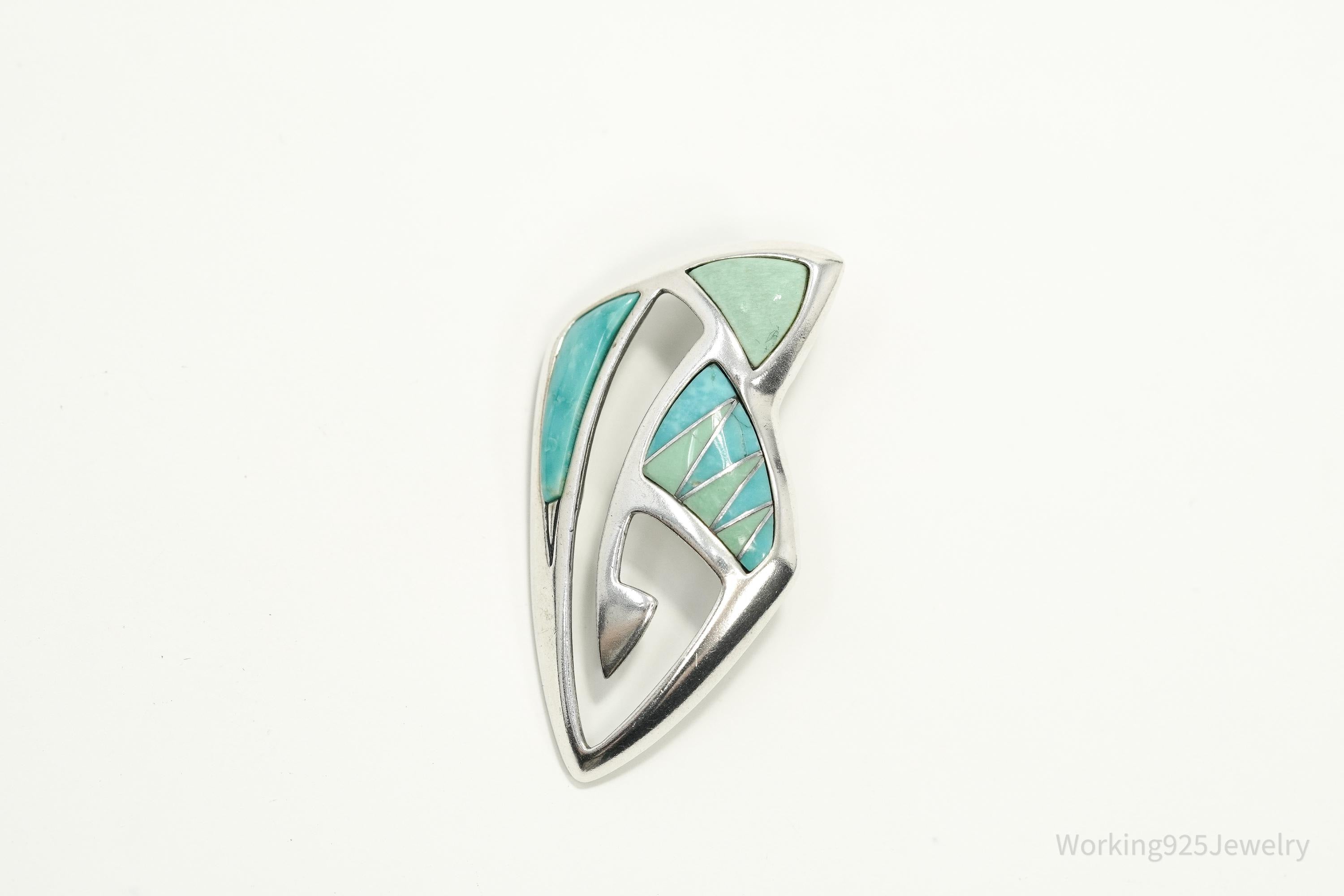 VTG Native Designer Carolyn Pollack Relios Turquoise Inlay Sterling Silver Pendant 1 9/16"