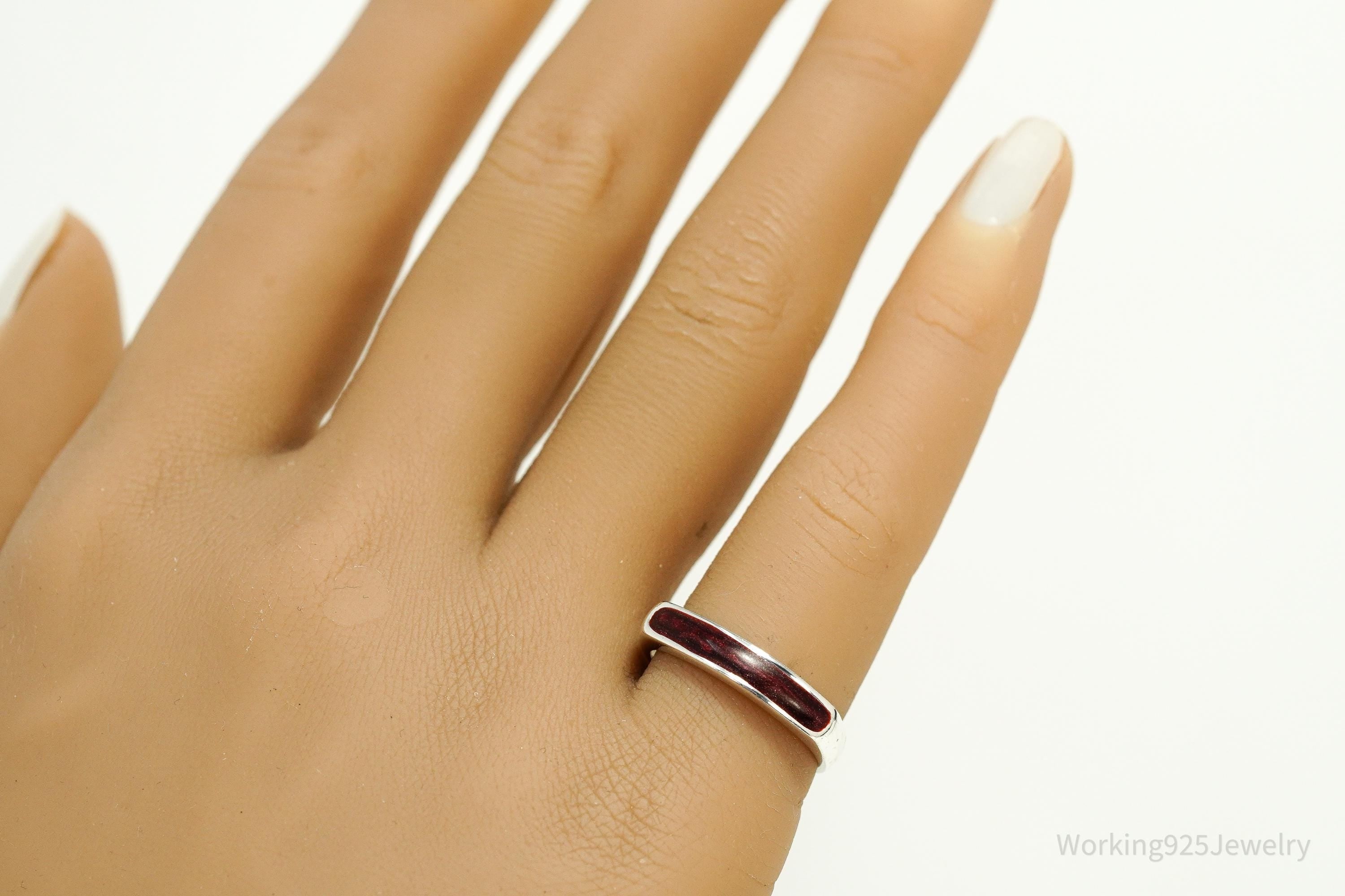 Vintage Blood Enamel Sterling Silver Ring - Size 6.75