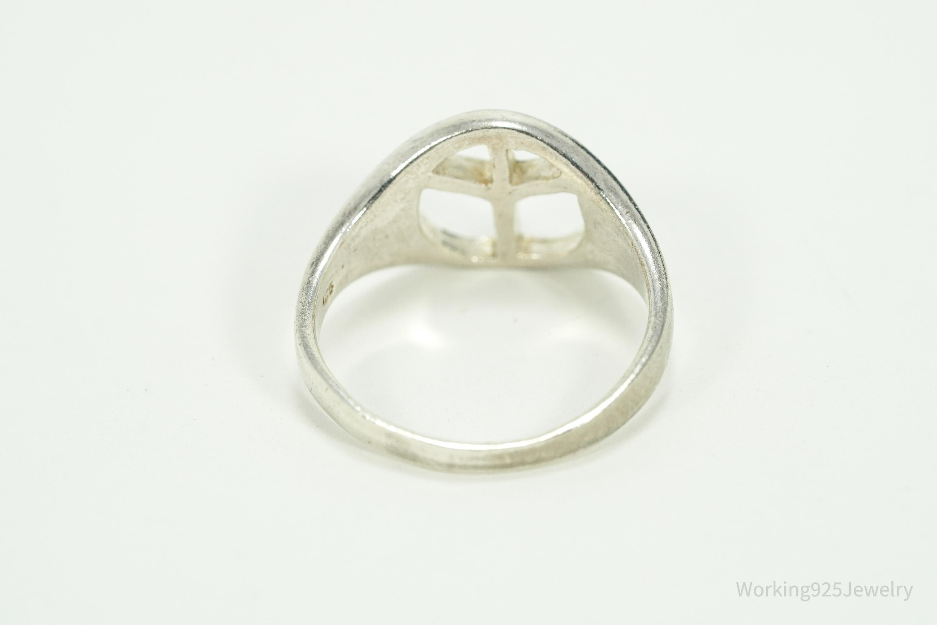 Vintage Peace Sign Sterling Silver Rhodium Plated Ring - Size 7