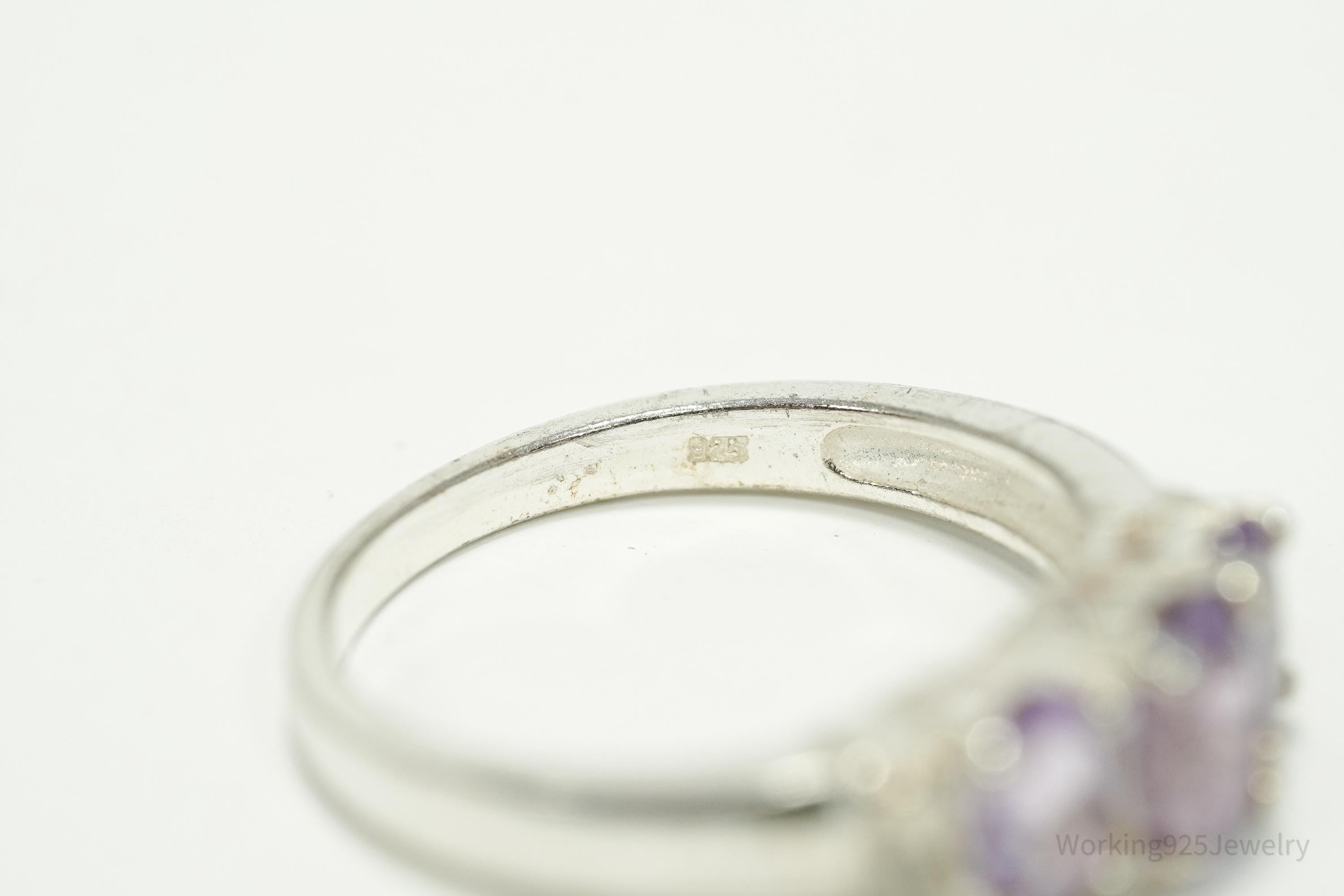 Vintage Amethyst & Diamond Sterling Silver Ring - Size 7