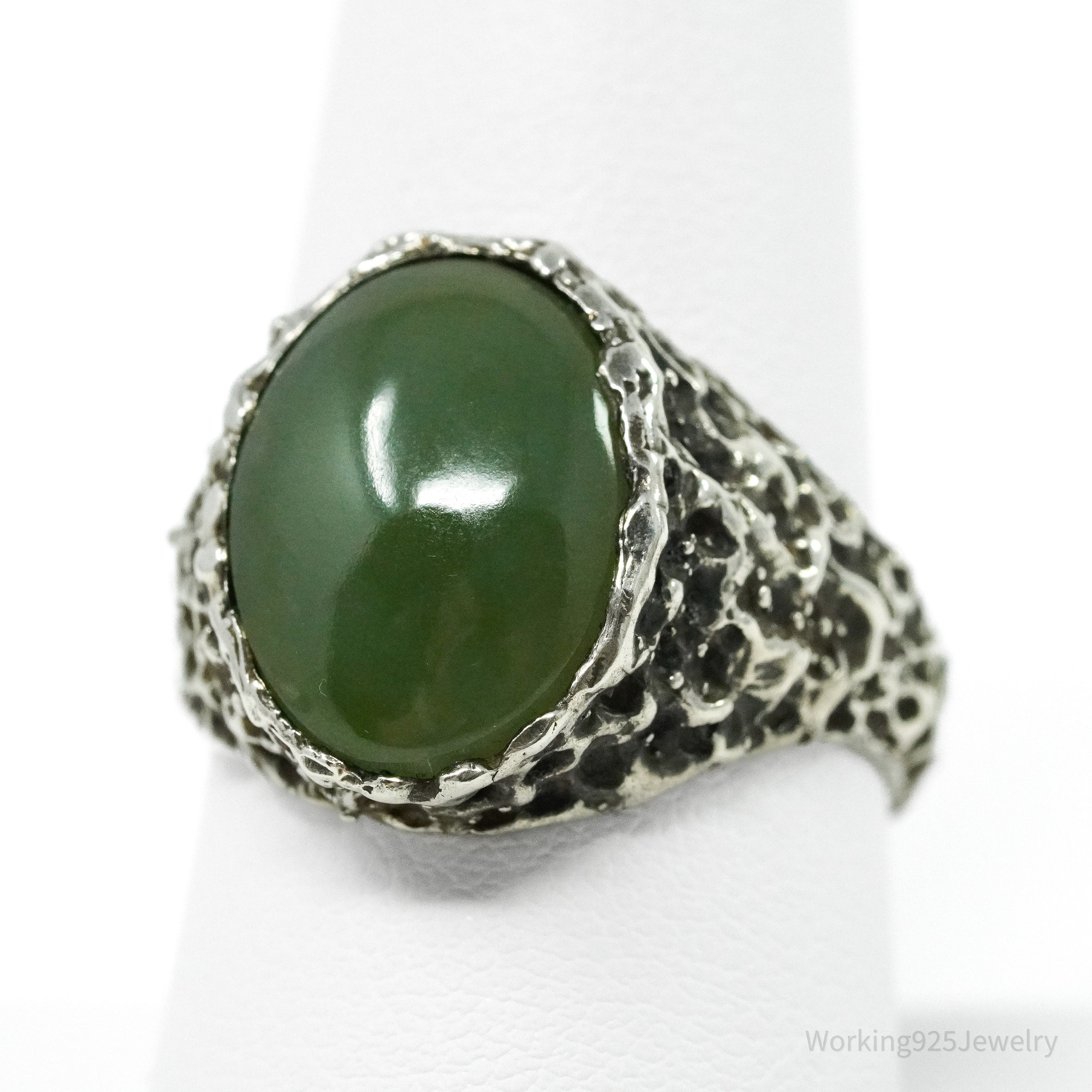 Vintage Brutalist Modernist Green Jade Silver Ring - Size 8.75