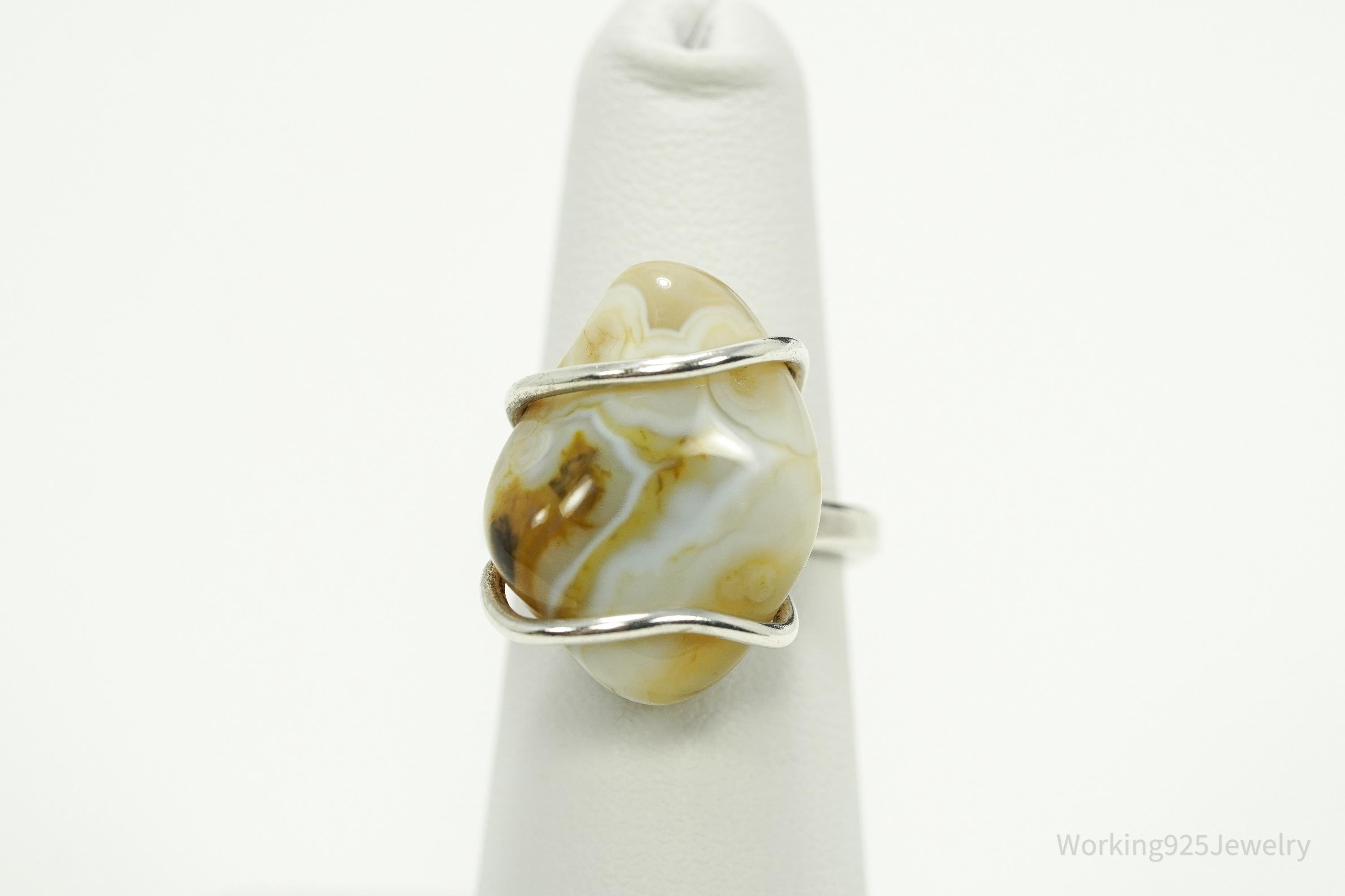Vintage Lace Agate Silver Ring - Size 6