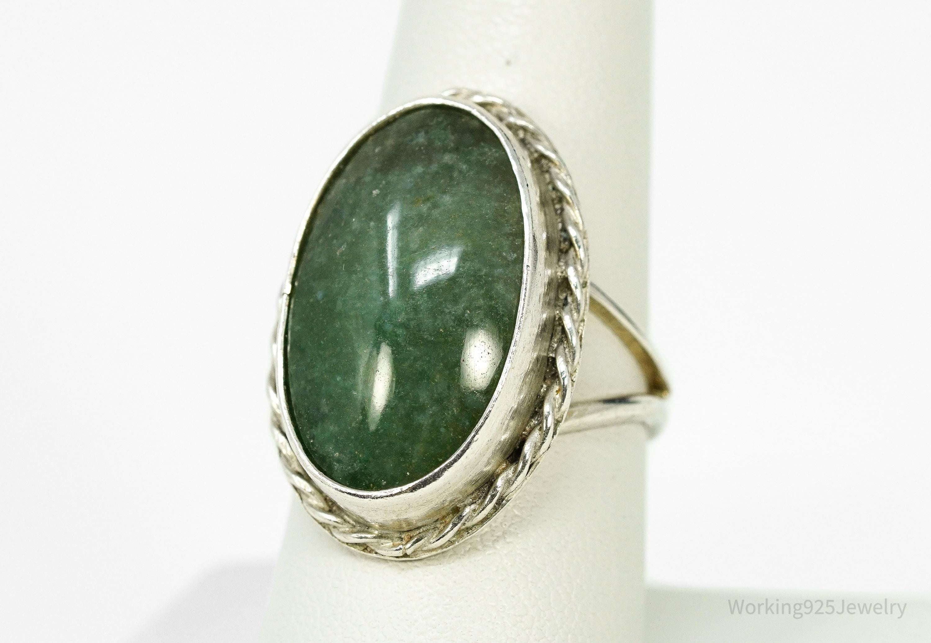 Vintage Green Jade Silver Ring - Size 8.25