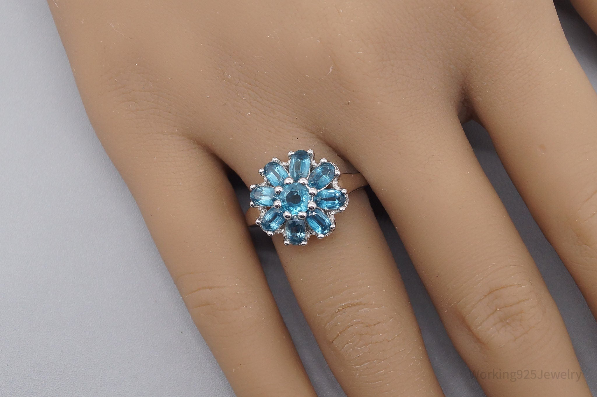 JTV TGGC Blue Topaz Flower Rhodium Over Sterling Silver Ring - Size 7.75