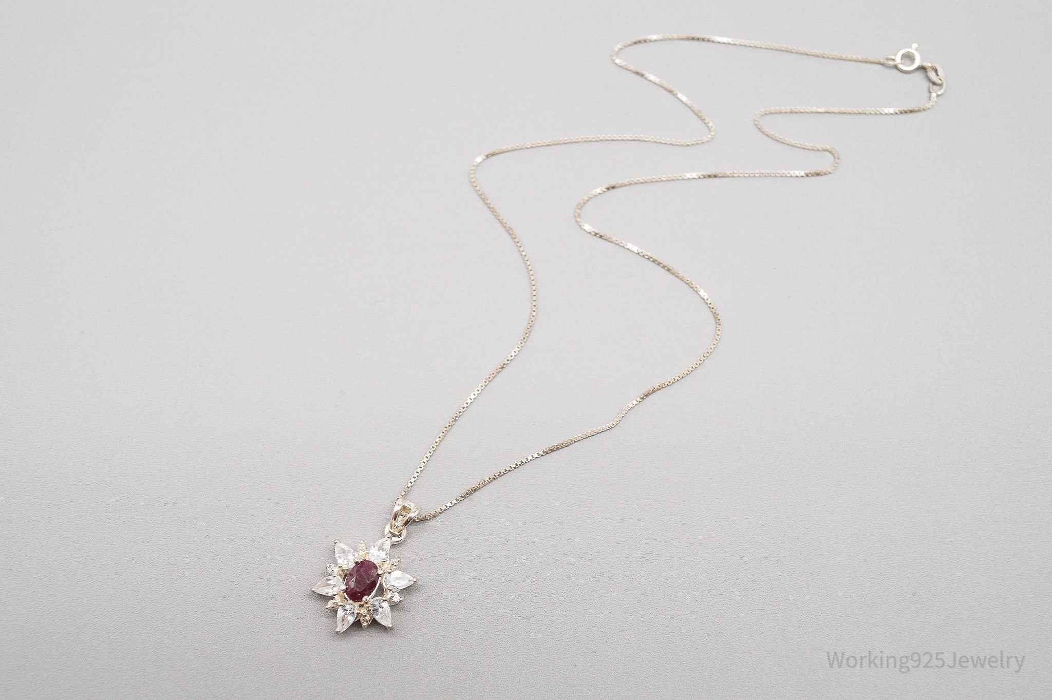 Vintage Raw Cut Ruby Cubic Zirconia Flower Sterling Silver Necklace 18"