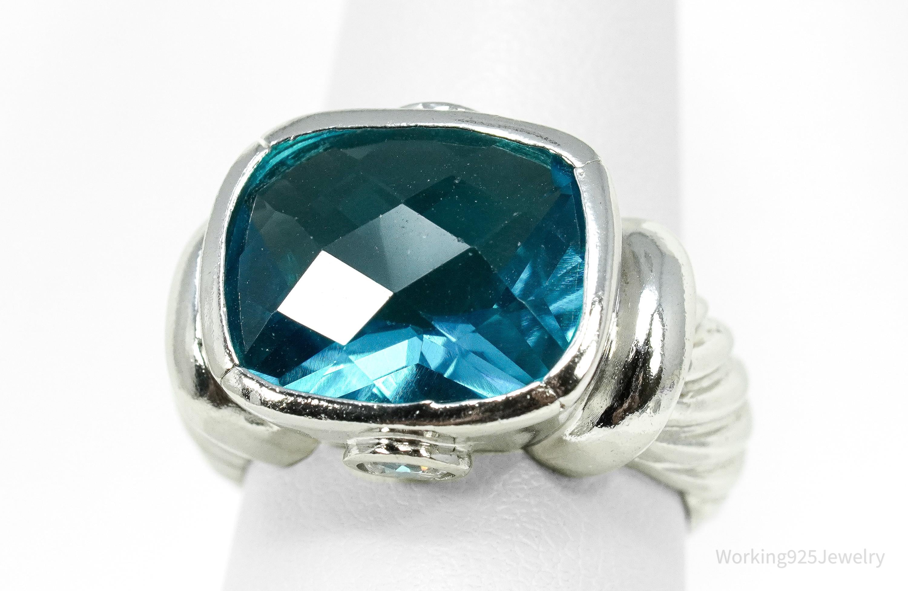 Vintage Blue And White Cubic Zirconia Sterling Silver Ring - Size 8.5