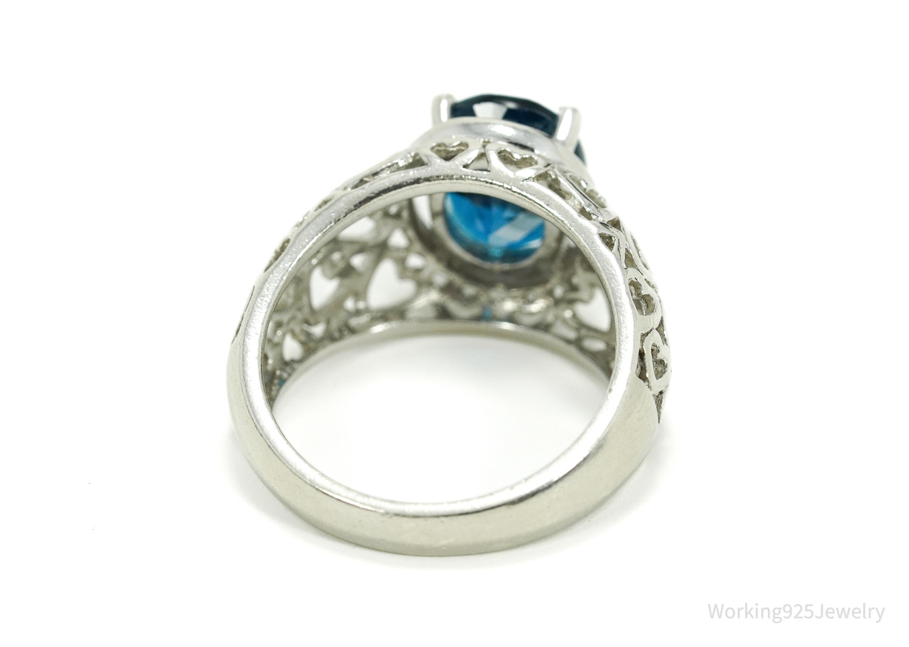 Vintage London Blue Topaz & Hearts Pattern Sterling Silver Ring - Size 6