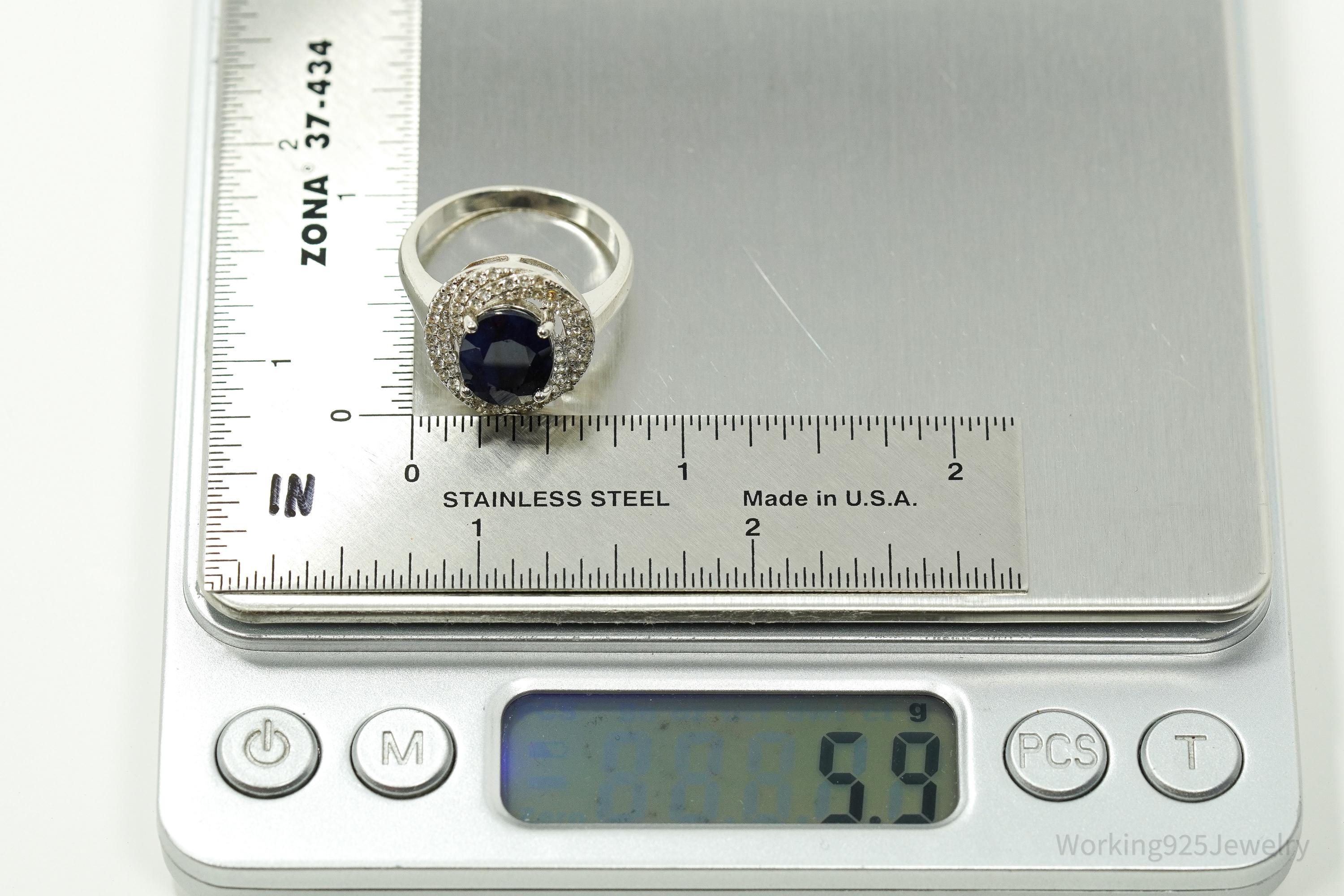 Vintage Blue & White Sapphire Sterling Silver Ring - Size 9