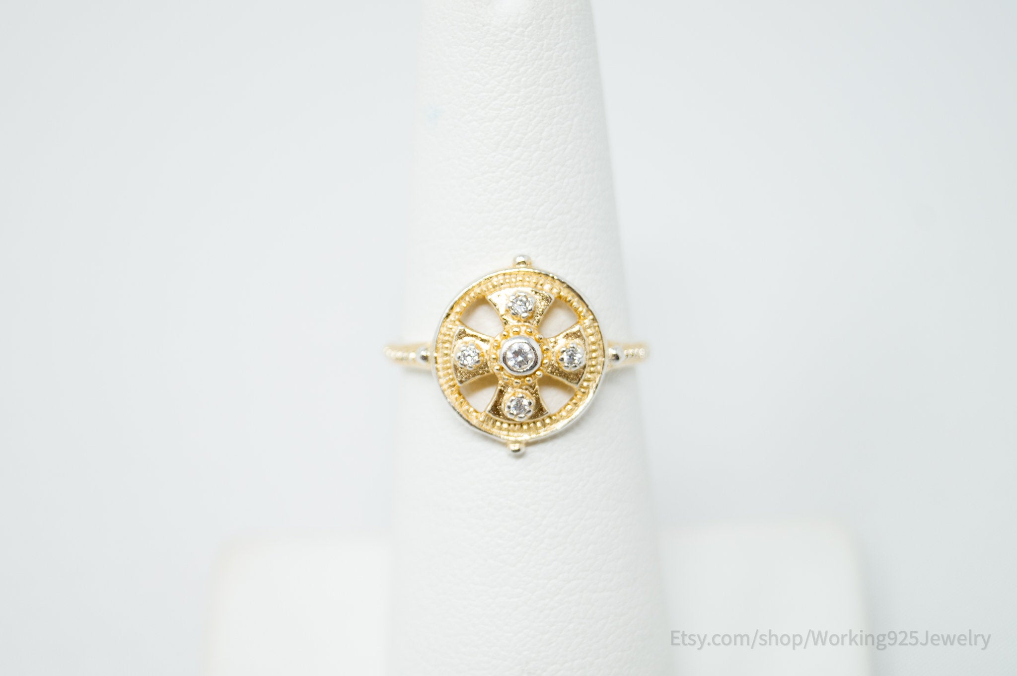 Vintage Deco Gold Vermeil Cubic Zirconia Sterling Silver Ring - Size 6