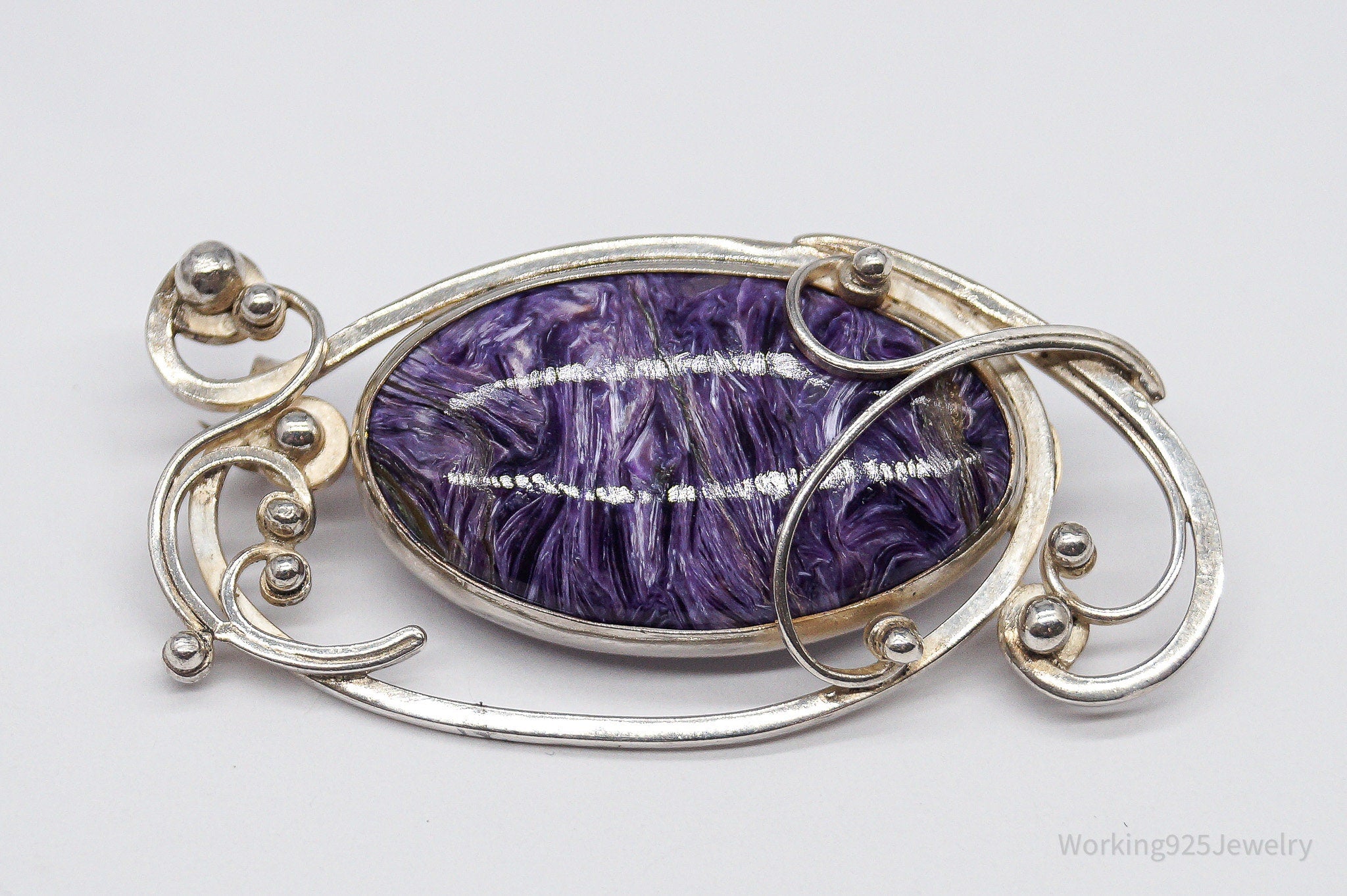 Antique Large Charoite Modernist Style Sterling Silver Russian Brooch Pin