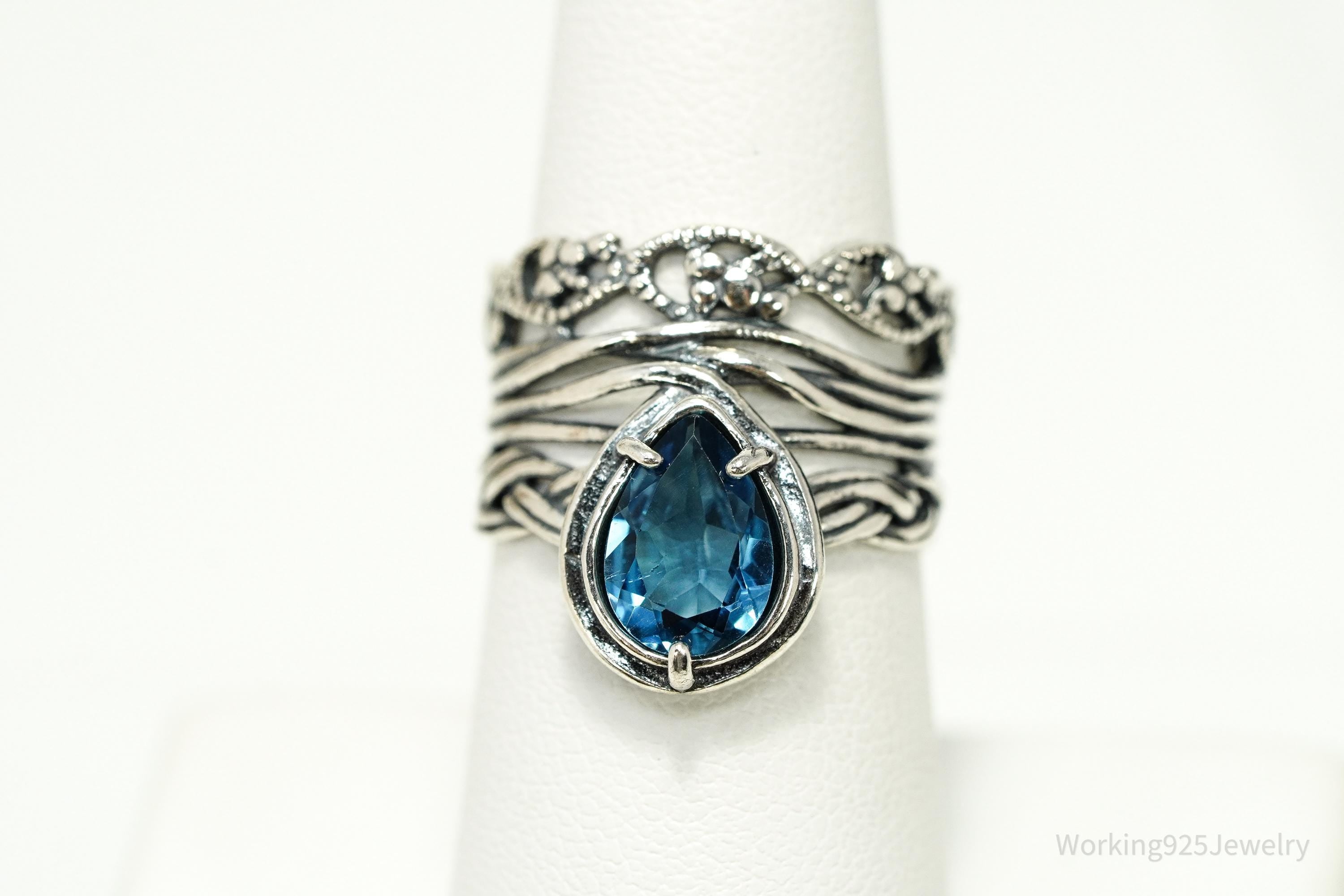 Vintage Israel Designer Paz PZ Blue Topaz Sterling Silver Ring - Size 7.5