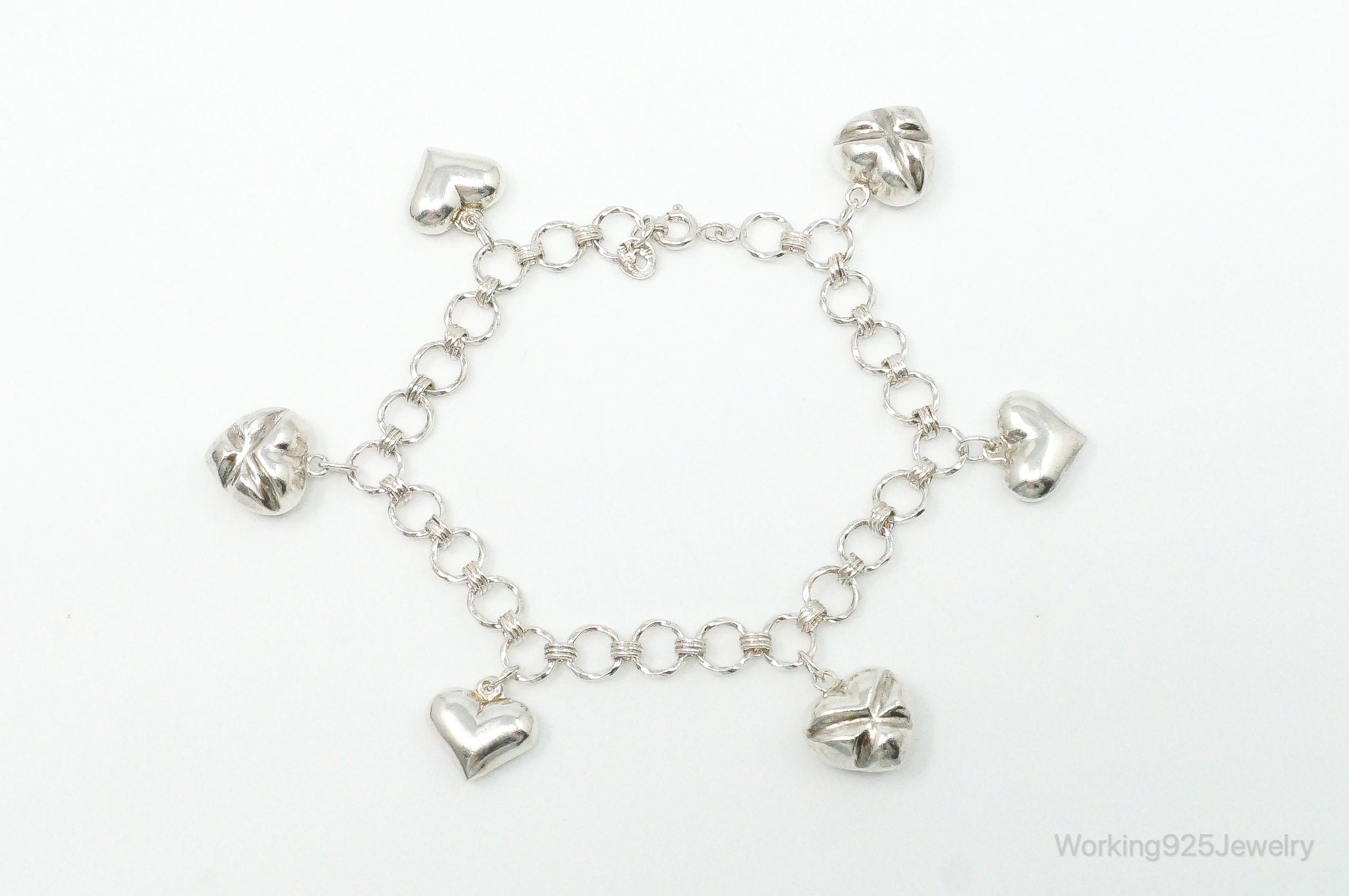 Vintage Puffy Heart Charm Sterling Silver Chain Bracelet