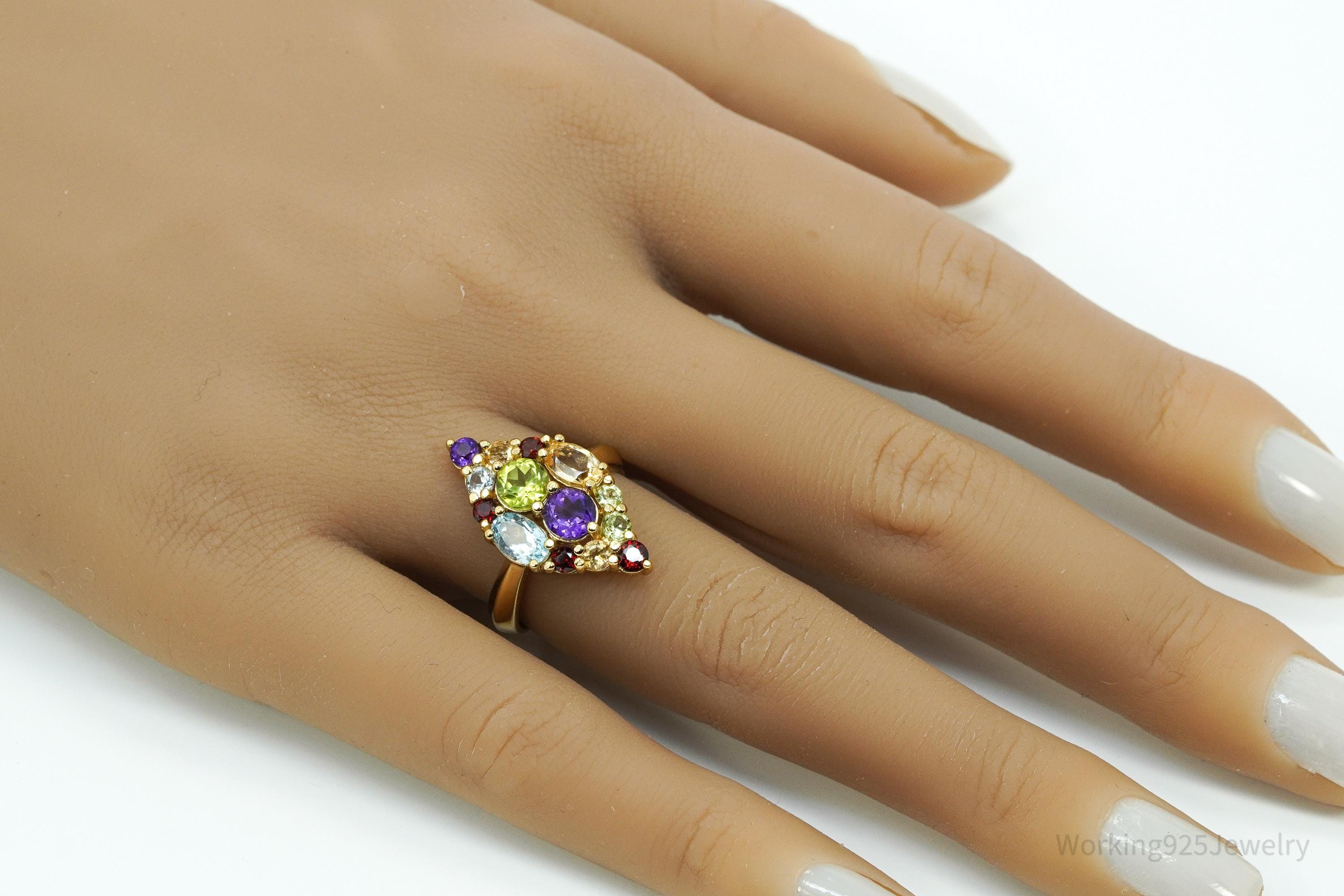 Designer PAJ Multi Gem Gold Vermeil Sterling Silver Ring - Size 7