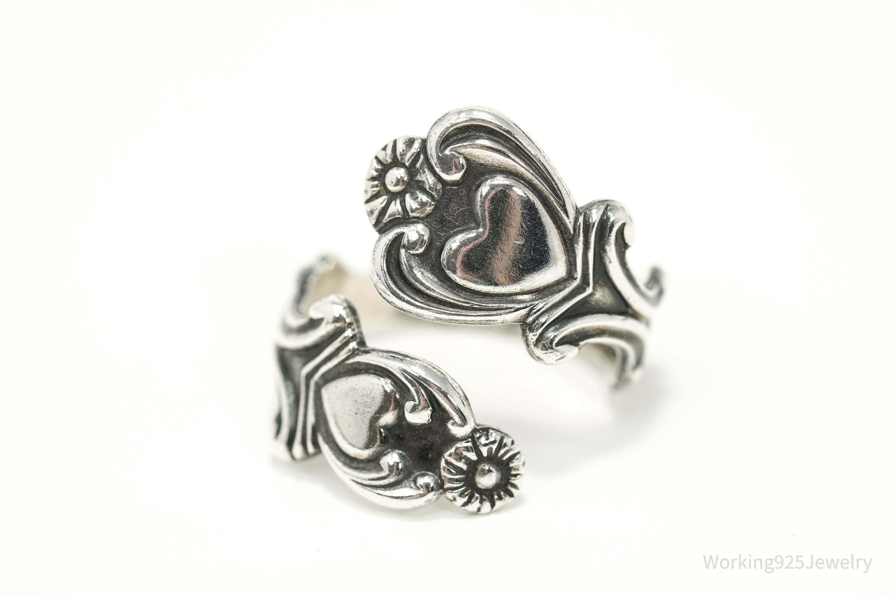 Vintage Avon Hearts & Flowers Sterling Silver Adjustable Wrap Spoon Ring - Size 7.5