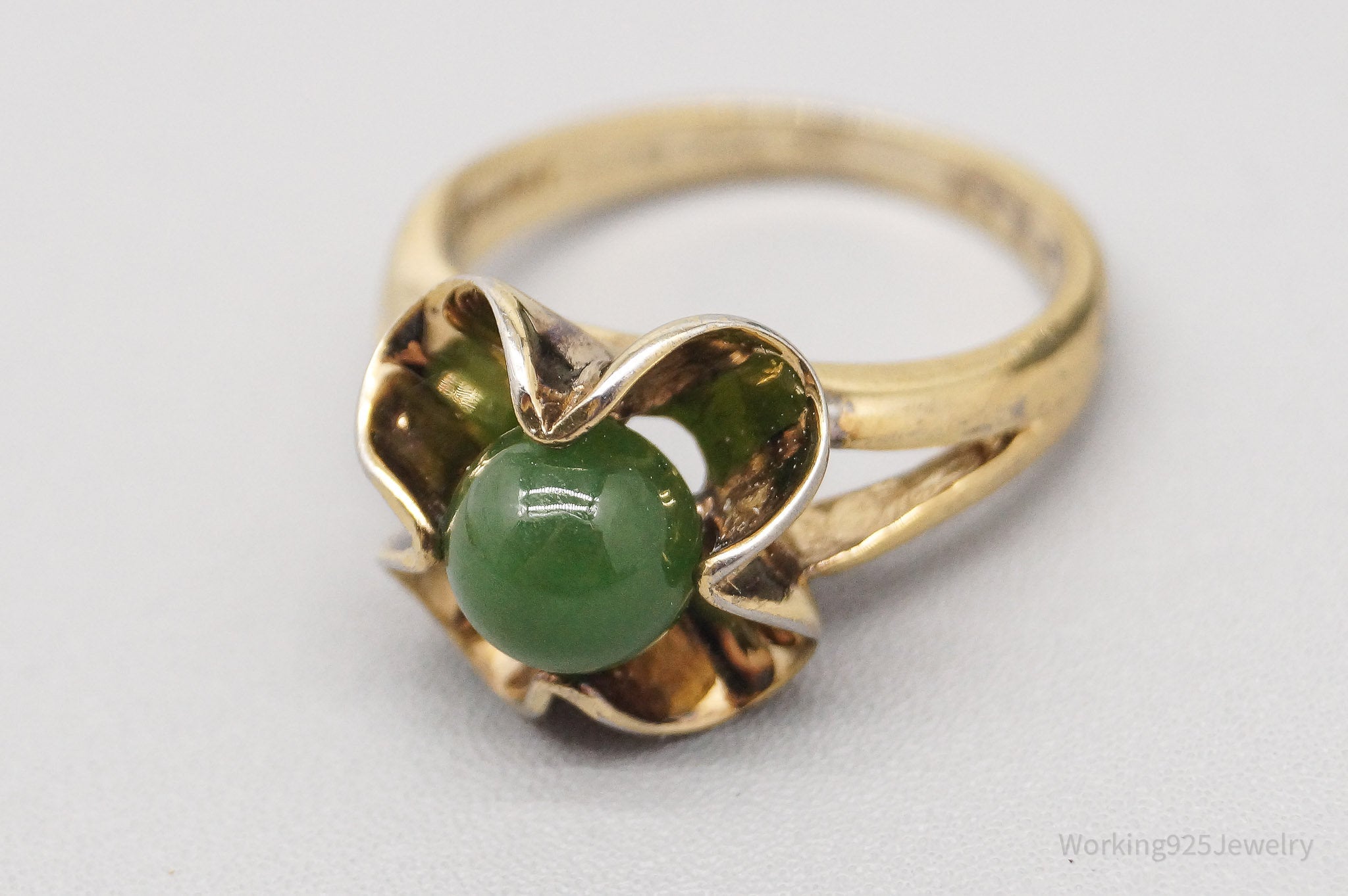 Vintage MCM Nephrite Jade Gold Vermeil Sterling Silver Ring - Size 6.5