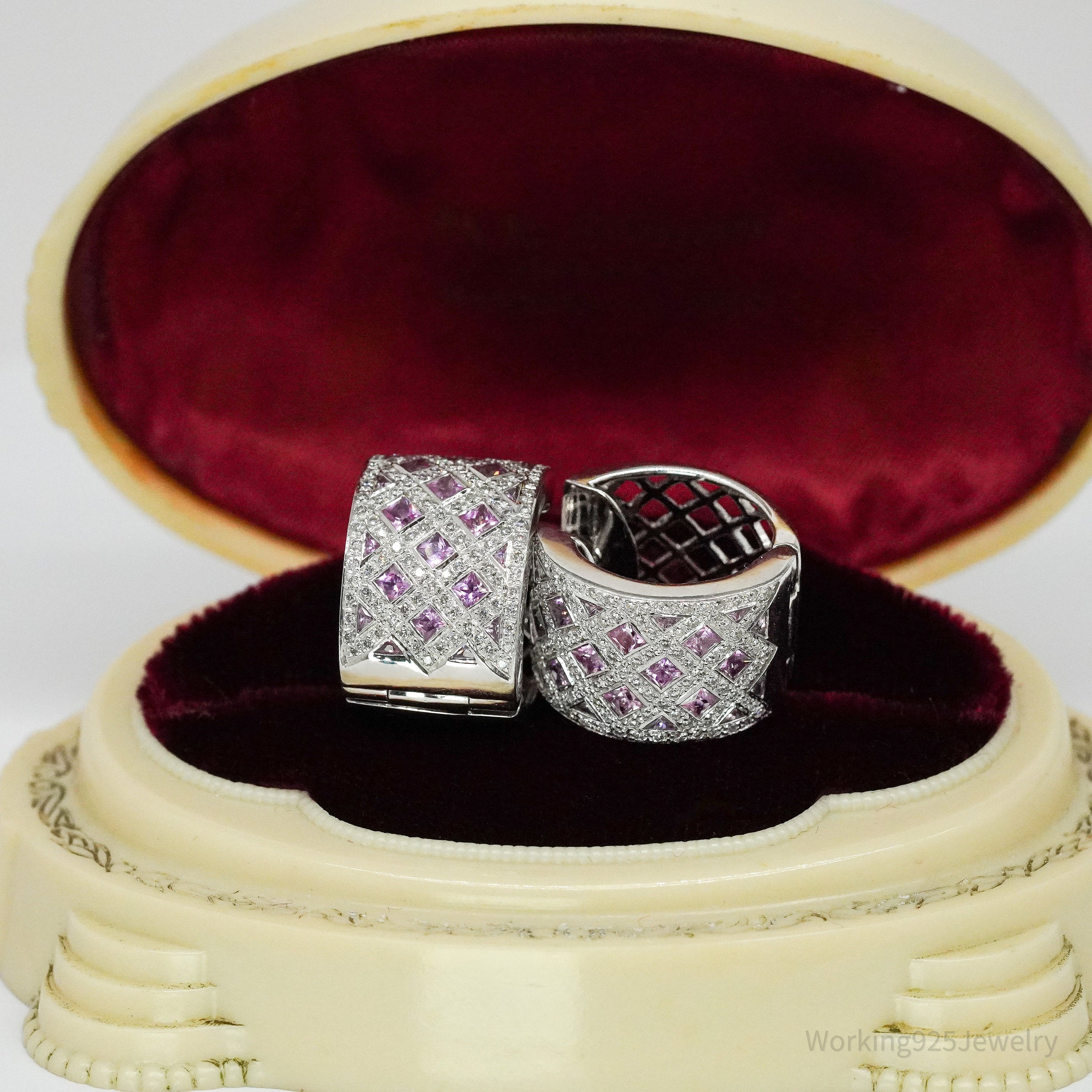 14K White Gold, Diamonds, & Pink Sapphires Earrings