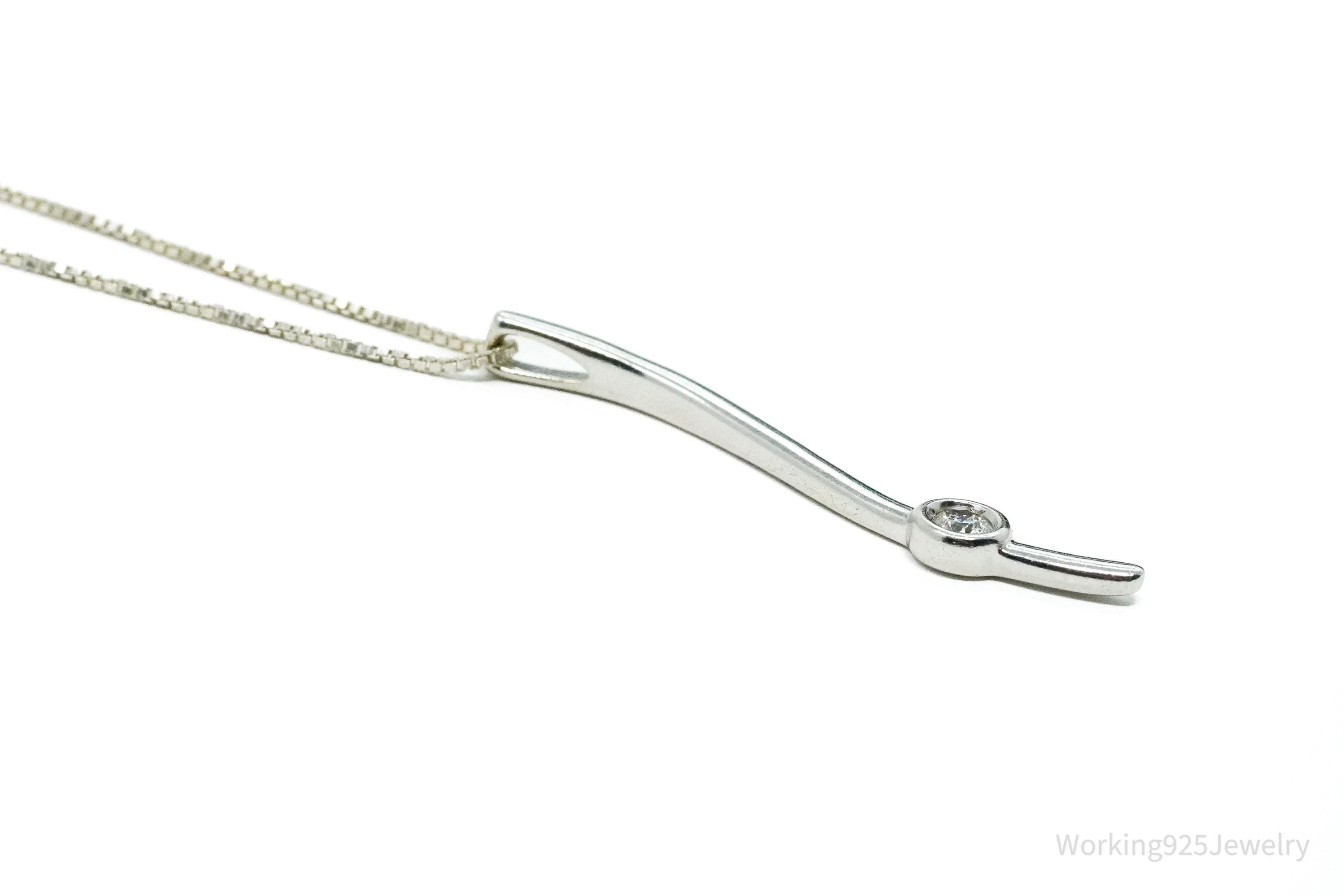 Solitaire Linear Ribbon Diamond Sterling Silver Necklace 16"