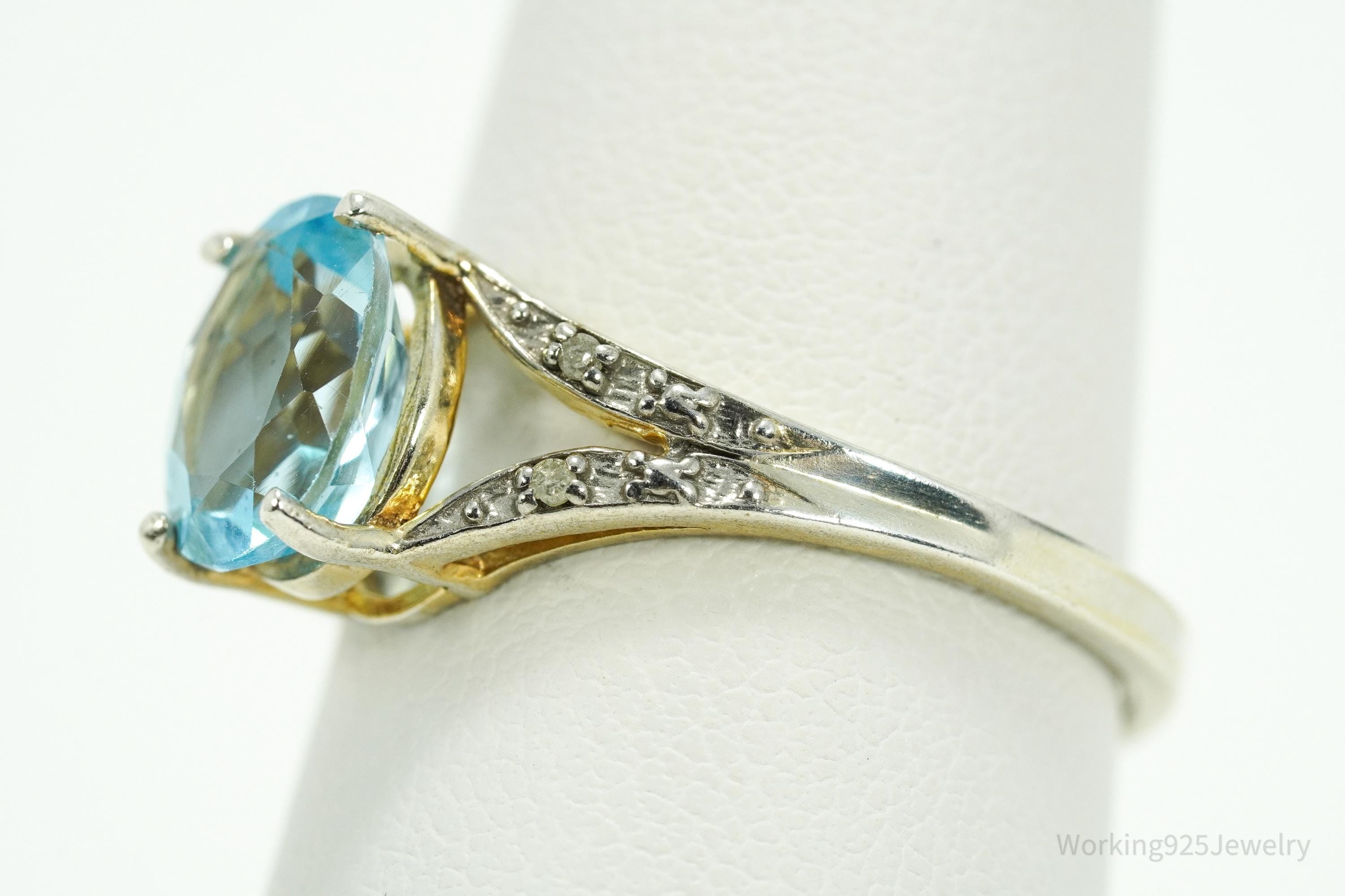Vintage Blue Topaz & Diamond Gold Wash Sterling Silver Ring - Size 8