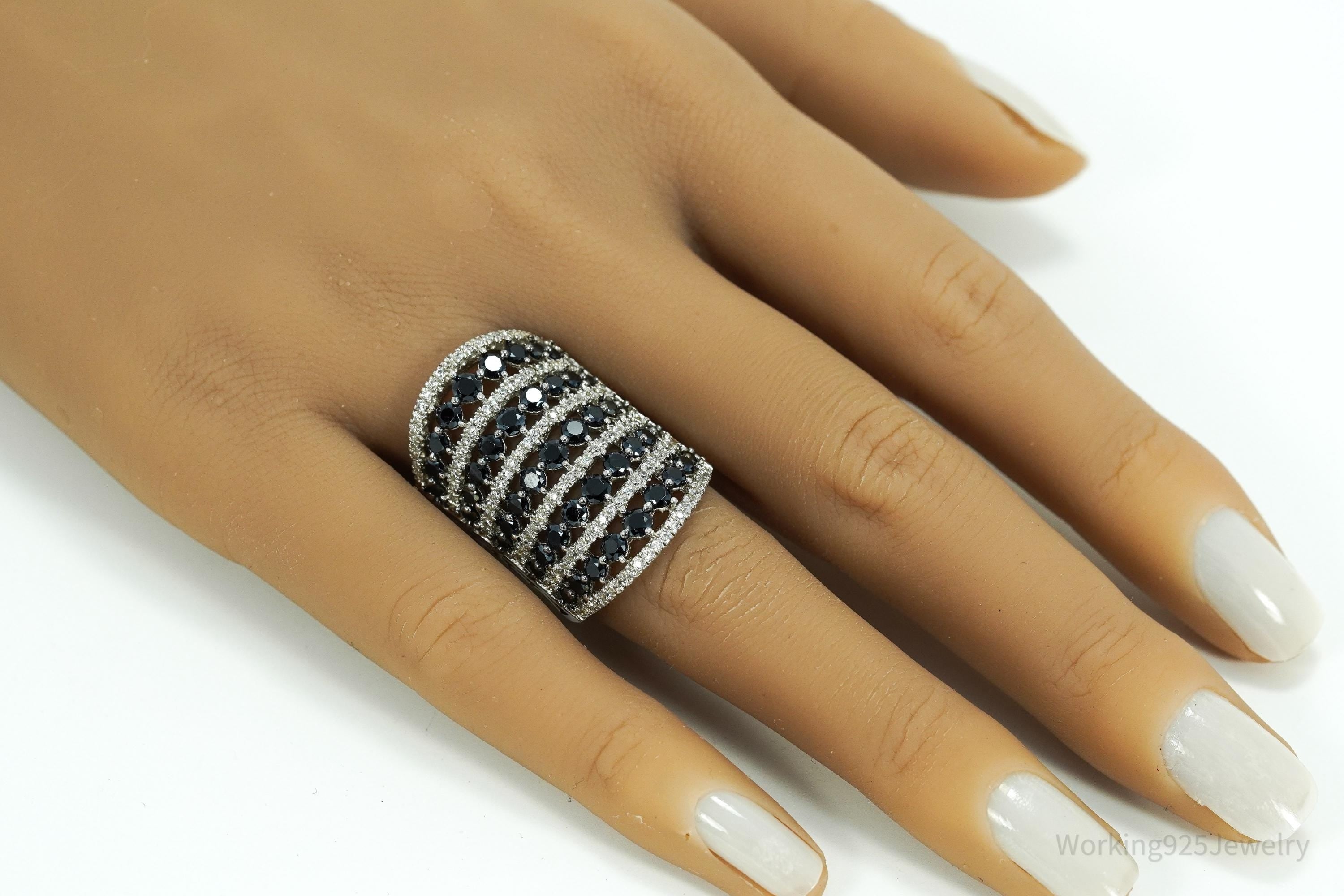 Vintage Black Spinel & White Topaz Sterling Silver Ring - Size 7