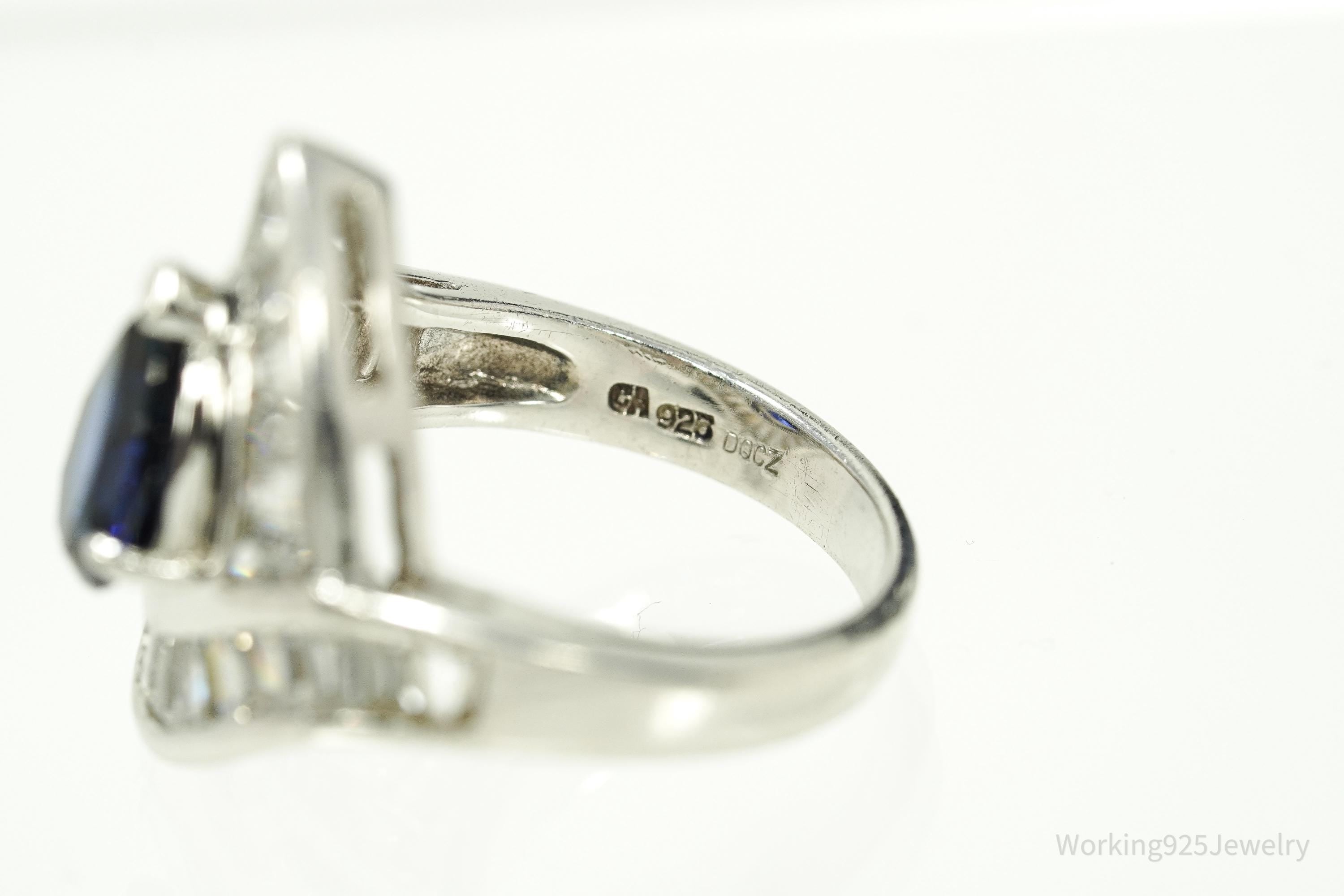 Vintage Lab Sapphire & Cubic Zirconia Rhodium Plated Sterling Silver Ring - Size 6