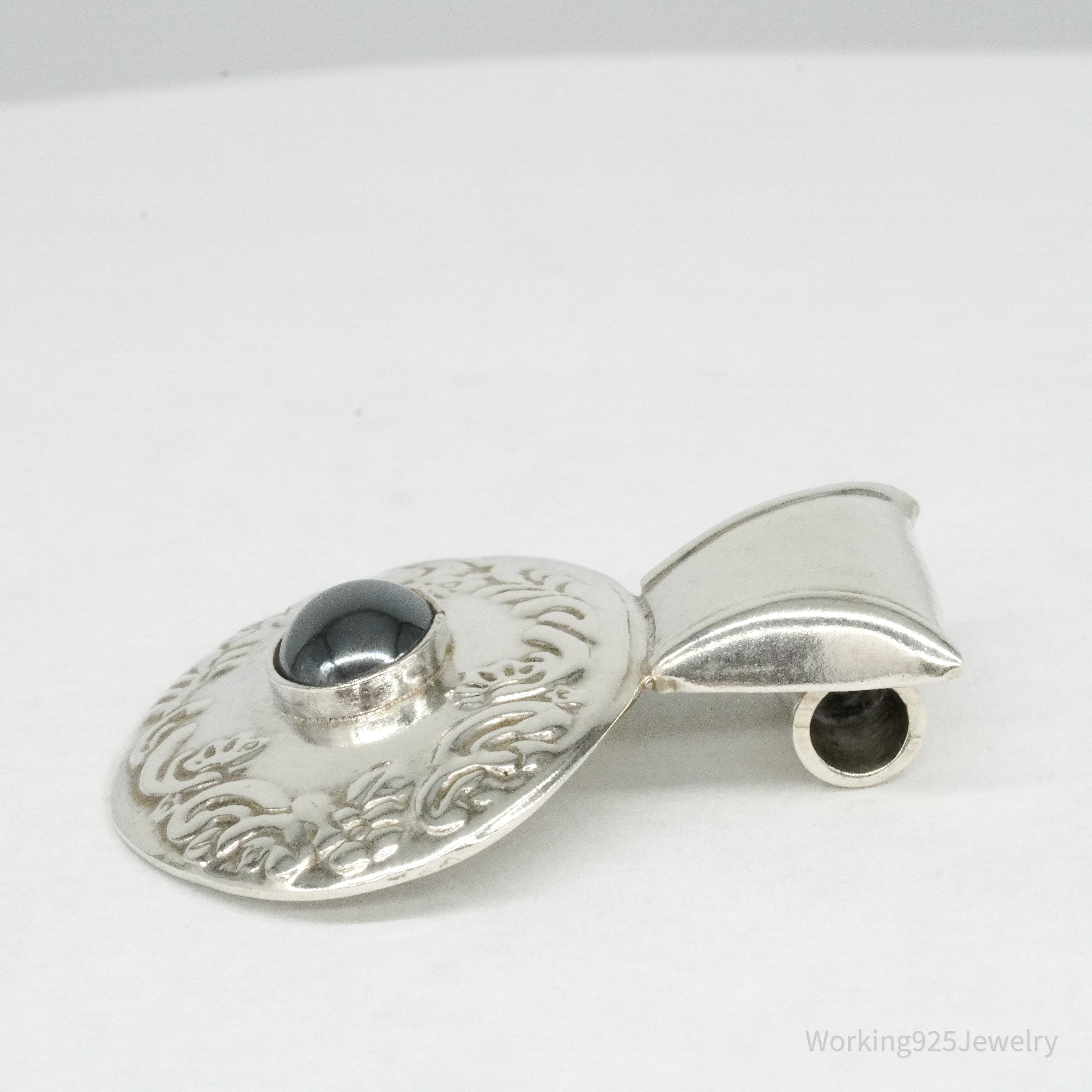 Large Vintage Mexico Hematite Floral Sterling Silver Pendant