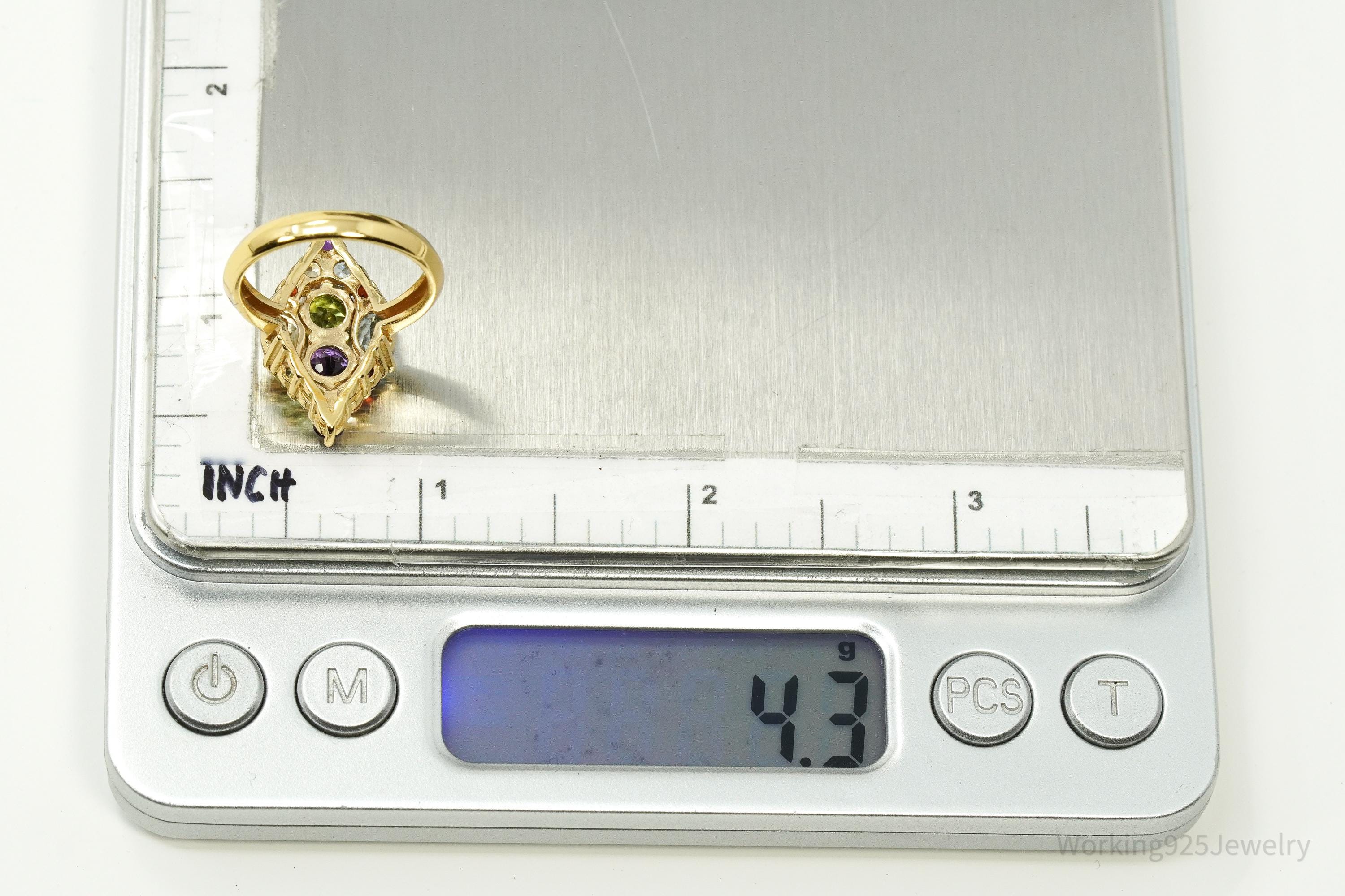 Designer PAJ Multi Gem Gold Vermeil Sterling Silver Ring - Size 7