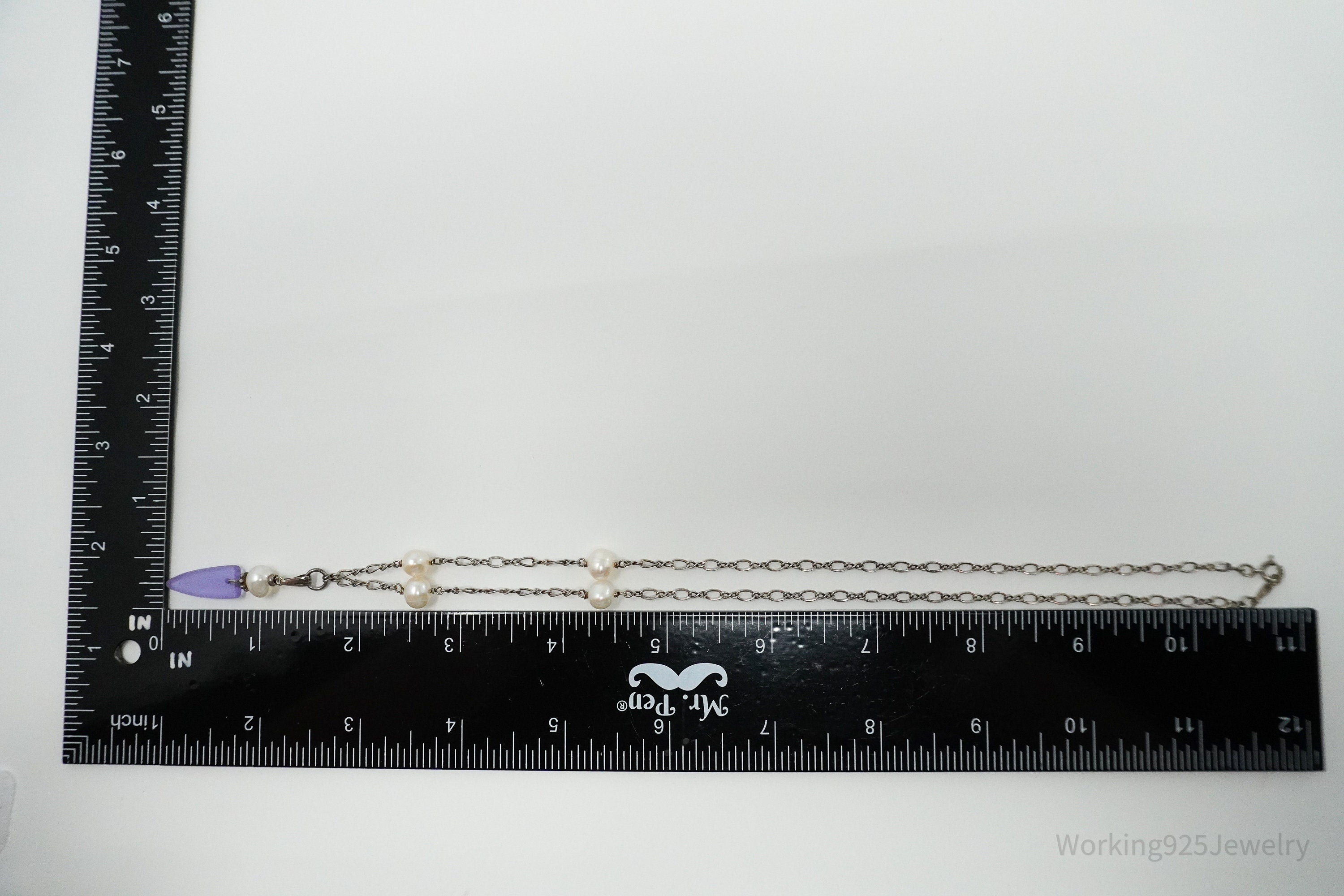 Vintage Pearl & Purple Stone Sterling Silver Necklace 18"