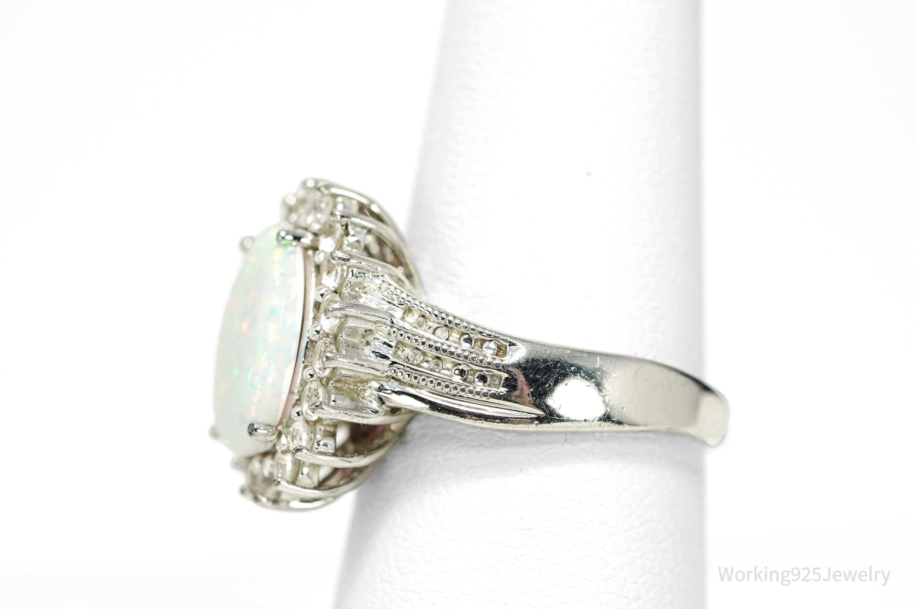 Vintage JWBR Opal, Diamond, & White Topaz Sterling Silver Ring - Size 7