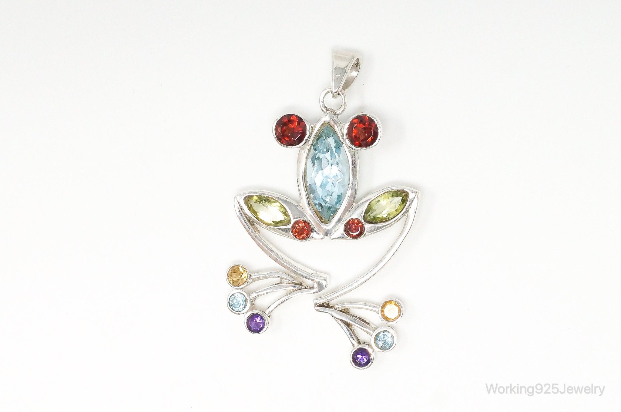 Vintage Multi Gem Tree Frog Sterling Silver Necklace Pendant