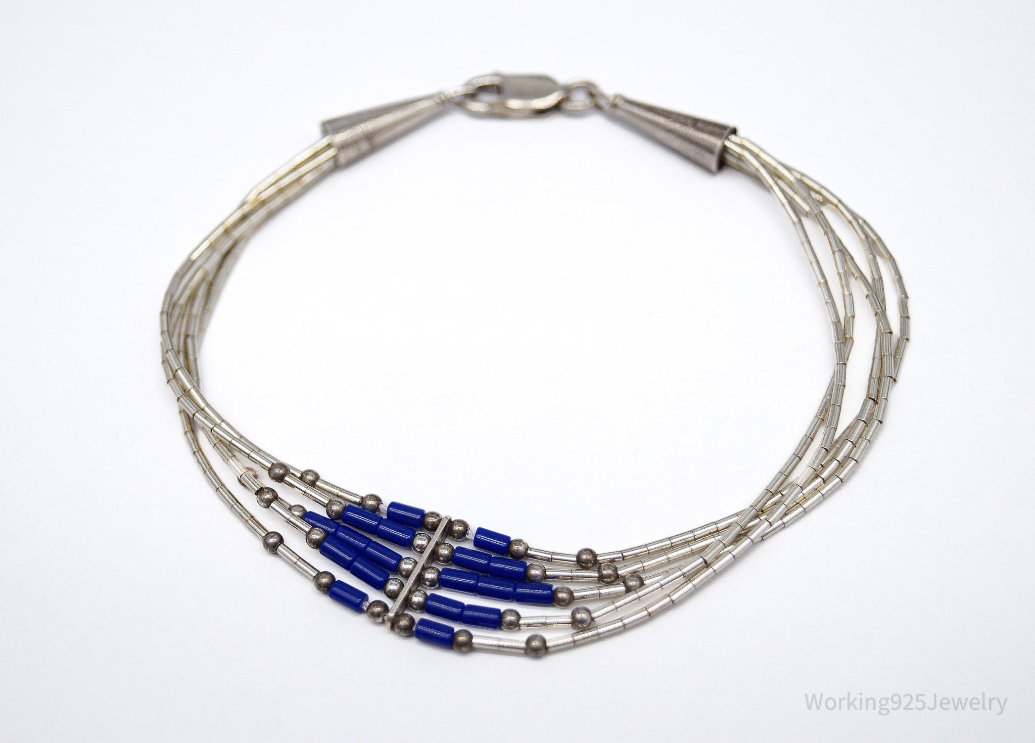 Vintage Handmade Native American Lapis Lazuli Sterling Silver Bead Bracelet