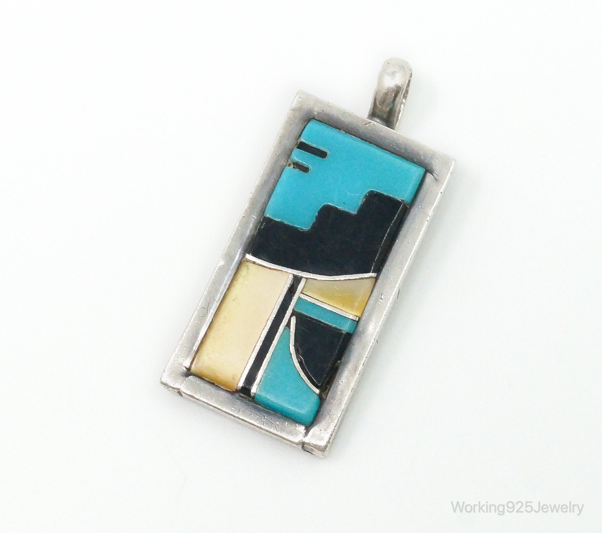 Vintage Native American Multi Gem Inlay Sterling Silver Pendant