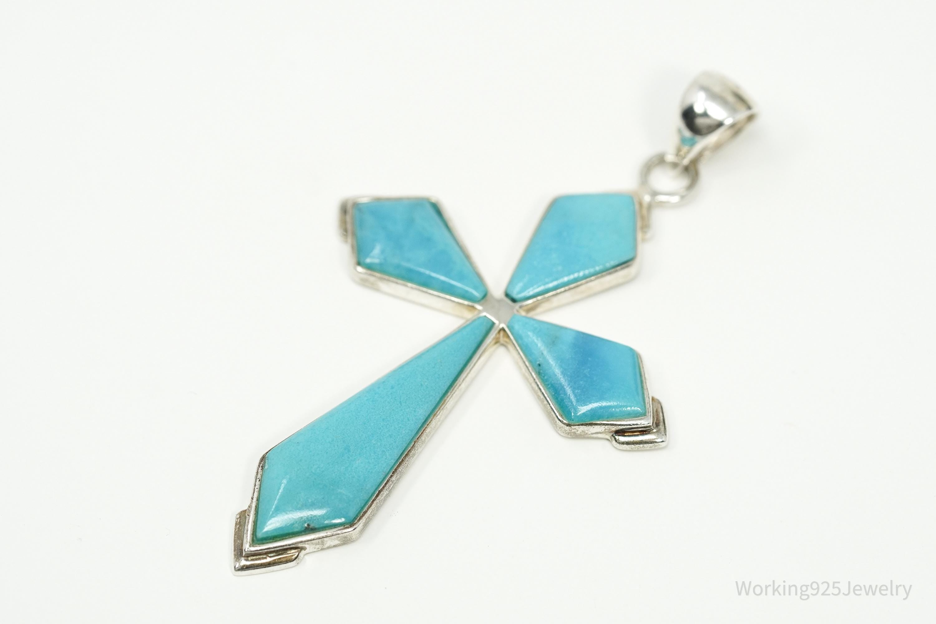 Large Vintage SX Designer Turquoise Inlay Cross Sterling Silver Pendant 3"