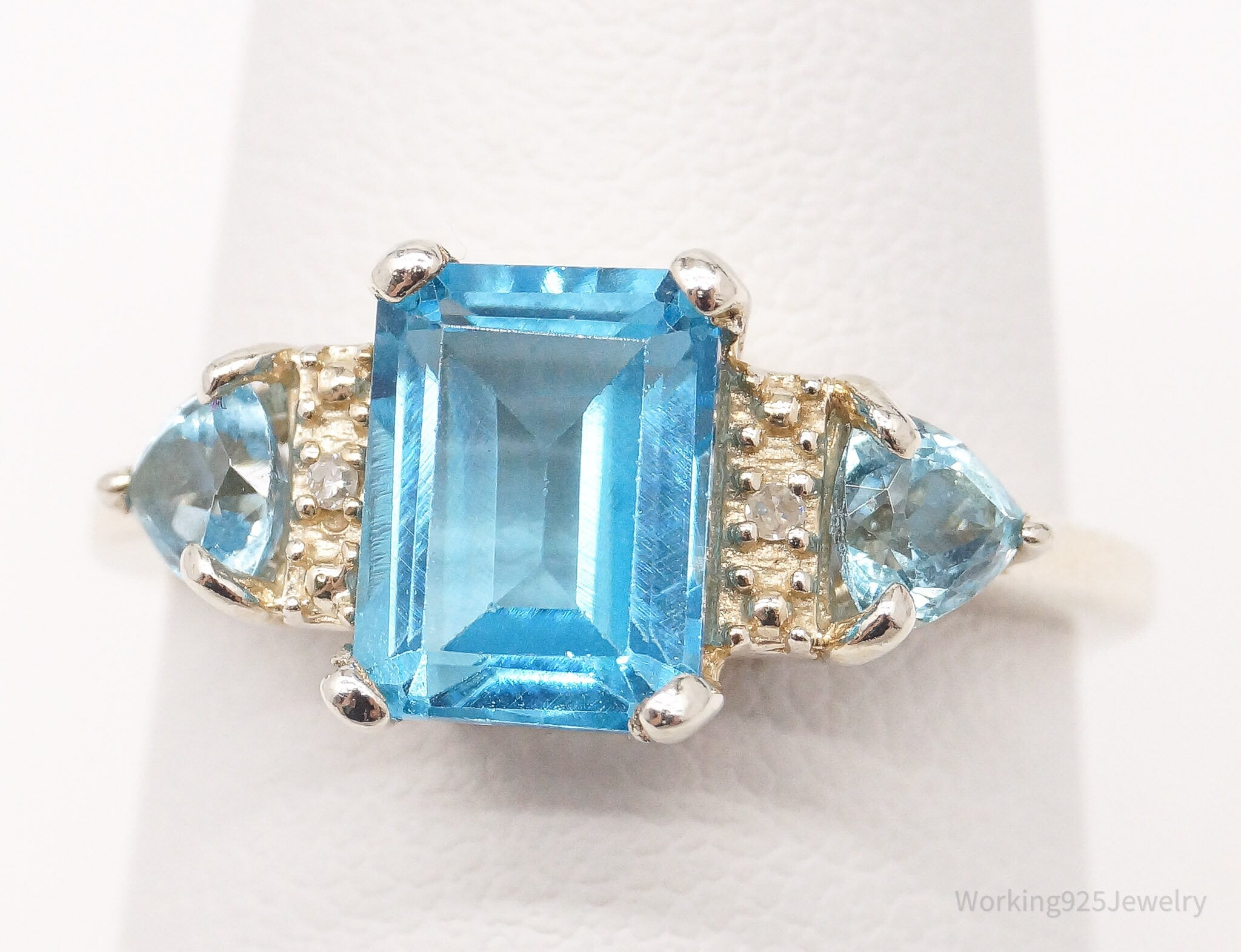 Vintage Blue Topaz Two Diamond Sterling Silver Ring - Size 6.75