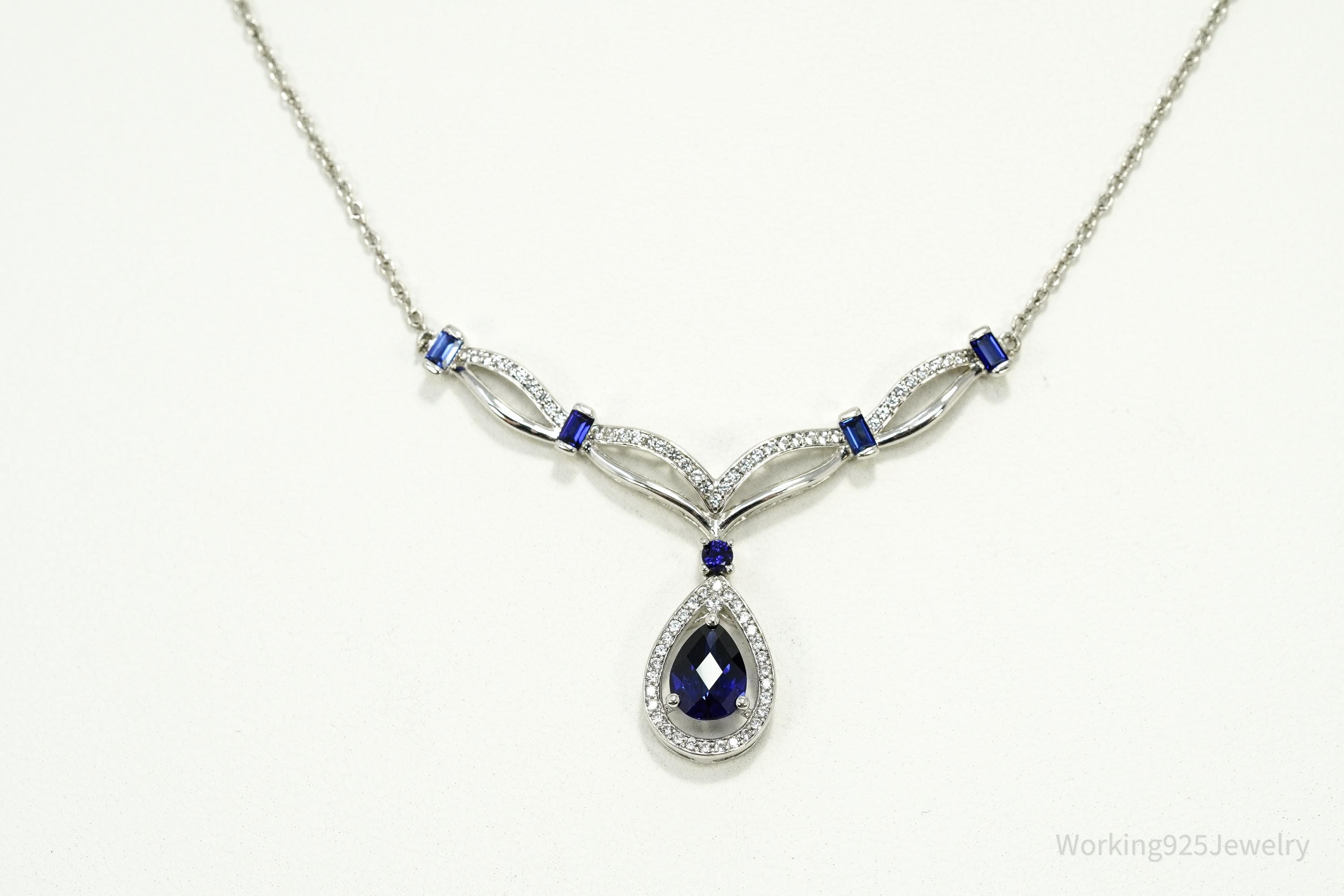 Vintage Blue & White Sapphire Sterling Silver Necklace 15"