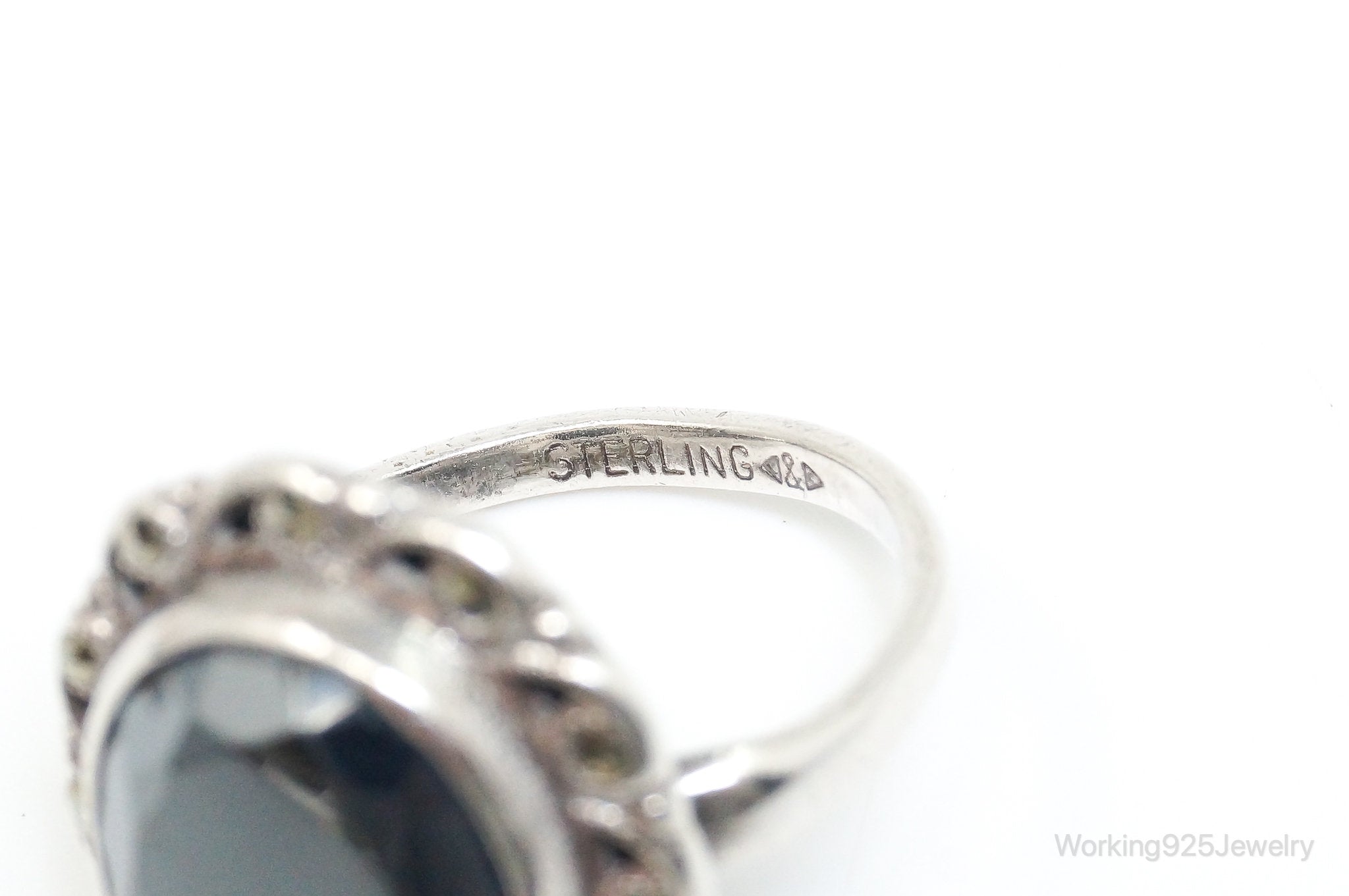 Antique Clark & Coombs Hematite Marcasite Sterling Silver Ring SZ 7.25